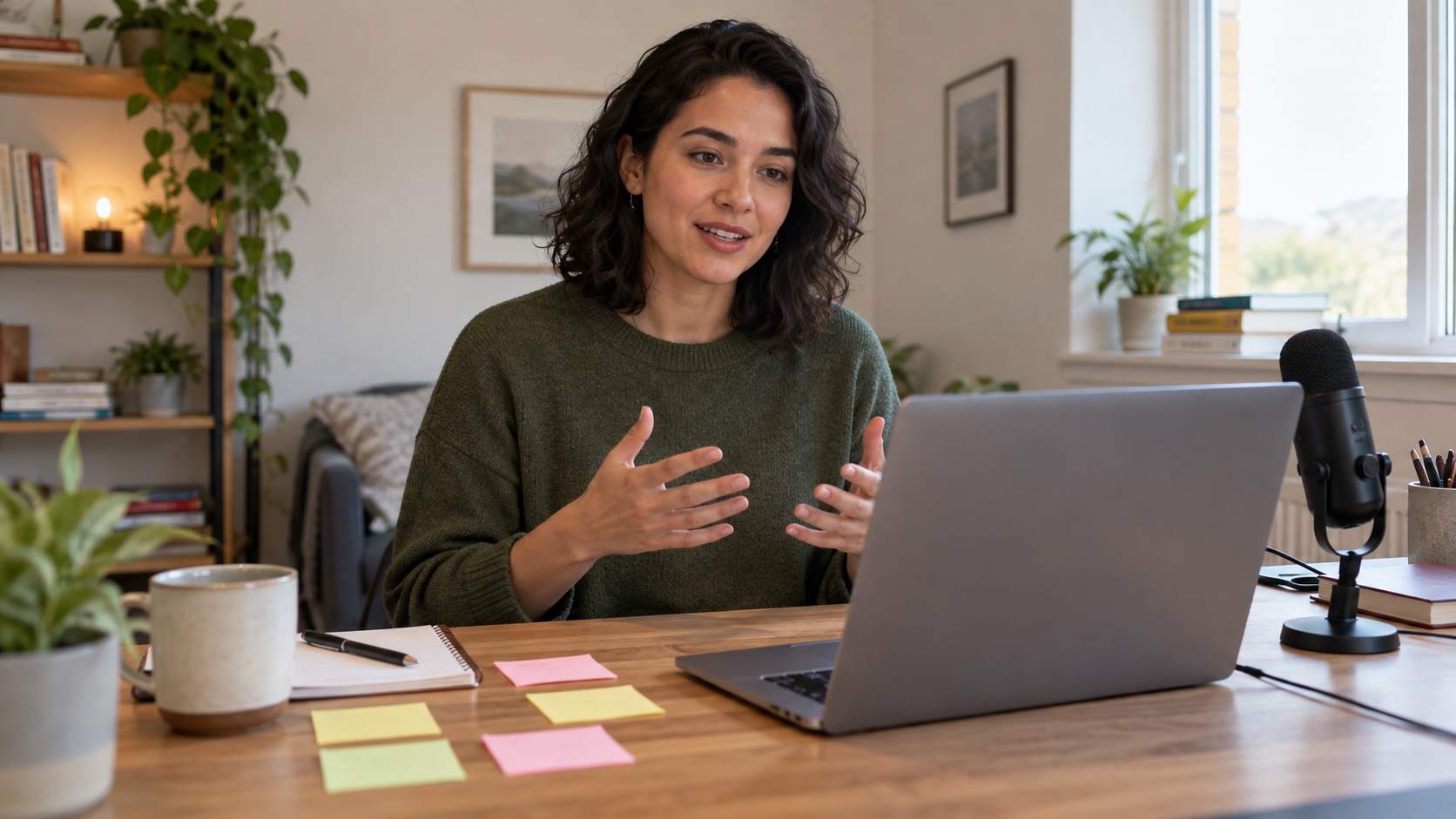 Presenter recording a concise video update beside a laptop, microphone, notebook, and blank planning cards.