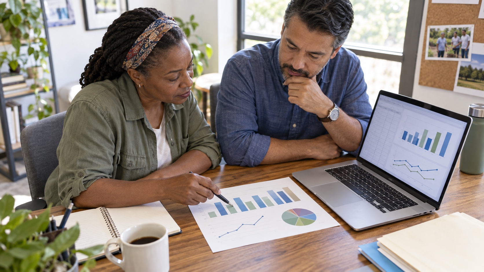 Two colleagues comparing a printed bar chart with charts on a laptop before making a decision.