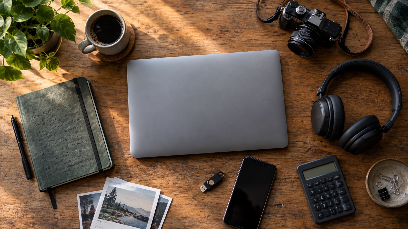 Laptop, phone, notebook, headphones, camera, calculator, and security key arranged on a wooden table.