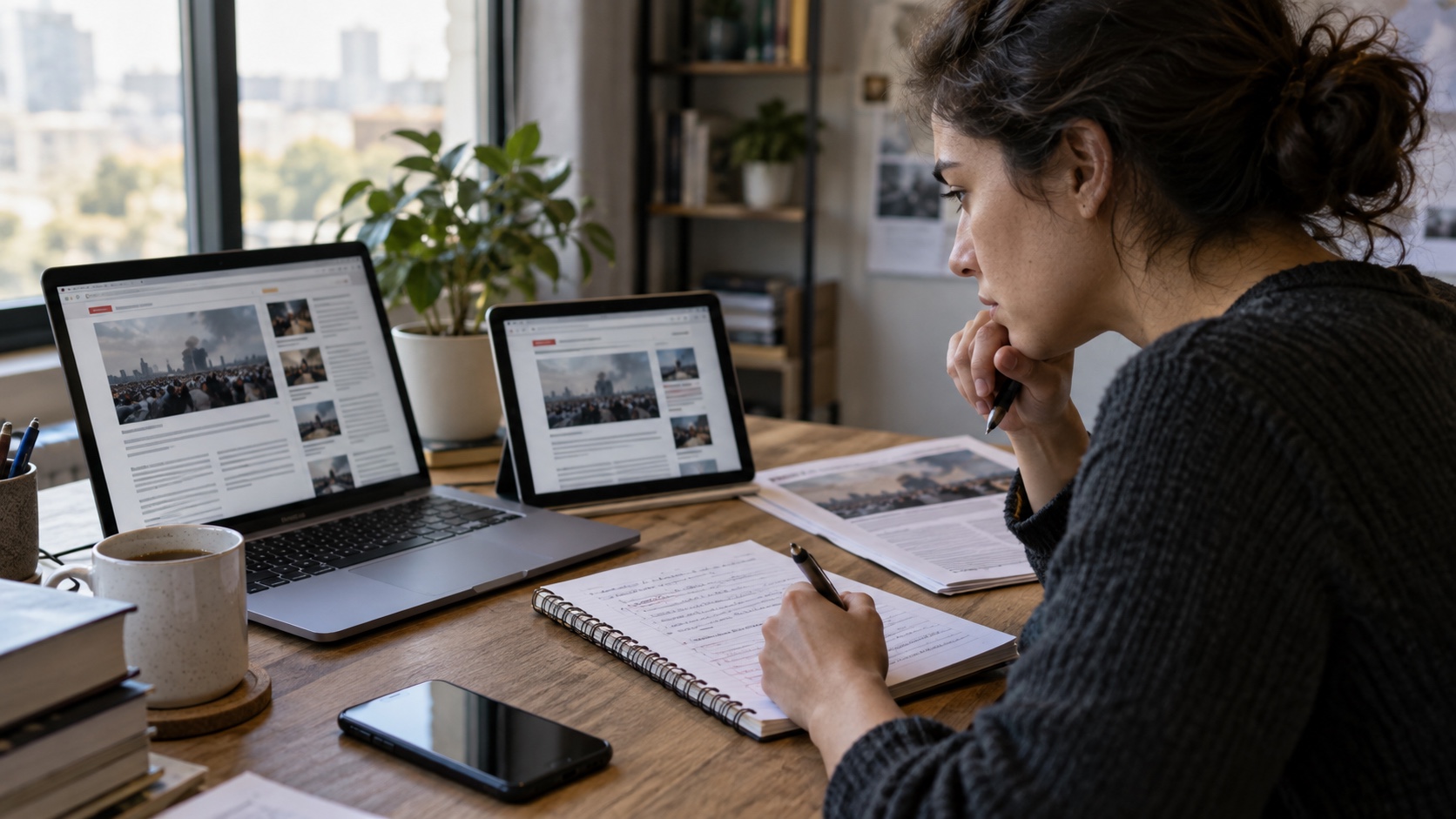Reader comparing one online claim across a laptop, tablet, printed pages, and handwritten notes.