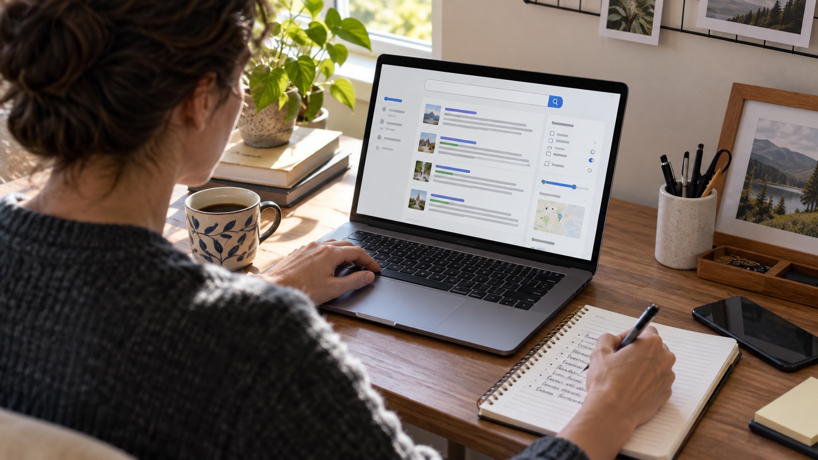 Researcher refining a web search on a laptop while listing query terms in a notebook.