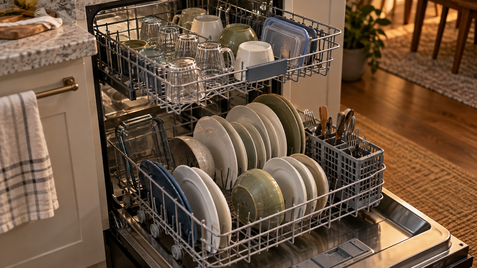Full dishwasher load with visible gaps between plates, bowls, glasses, containers, and flatware.