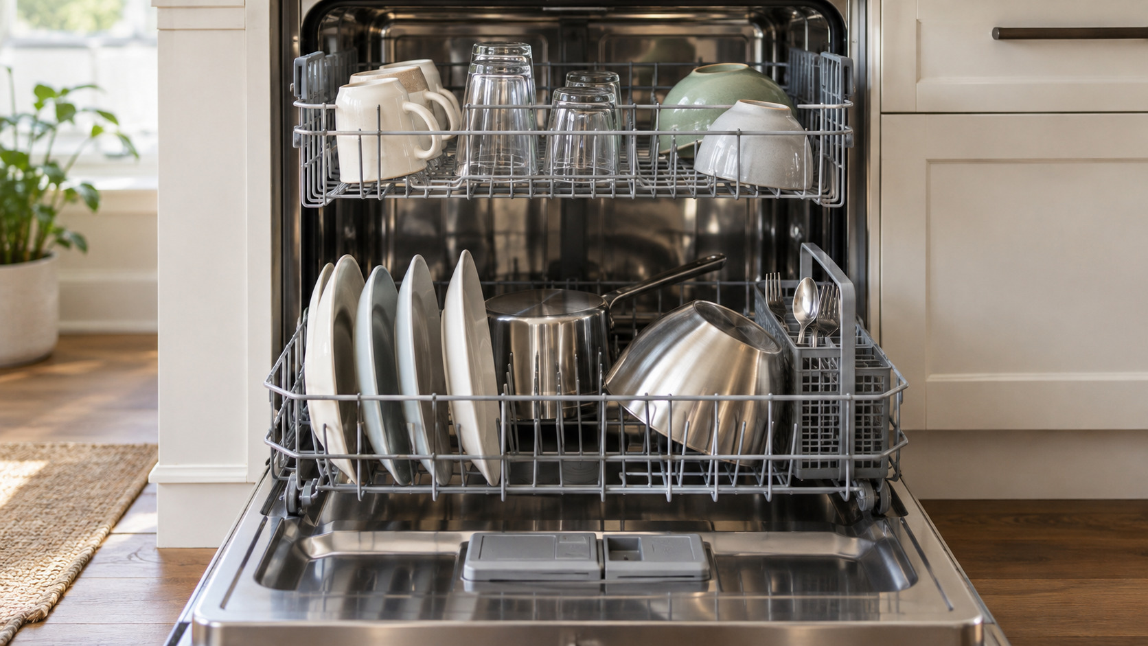 Two-rack dishwasher with glasses and small bowls above and spaced plates, pots, and cookware below.
