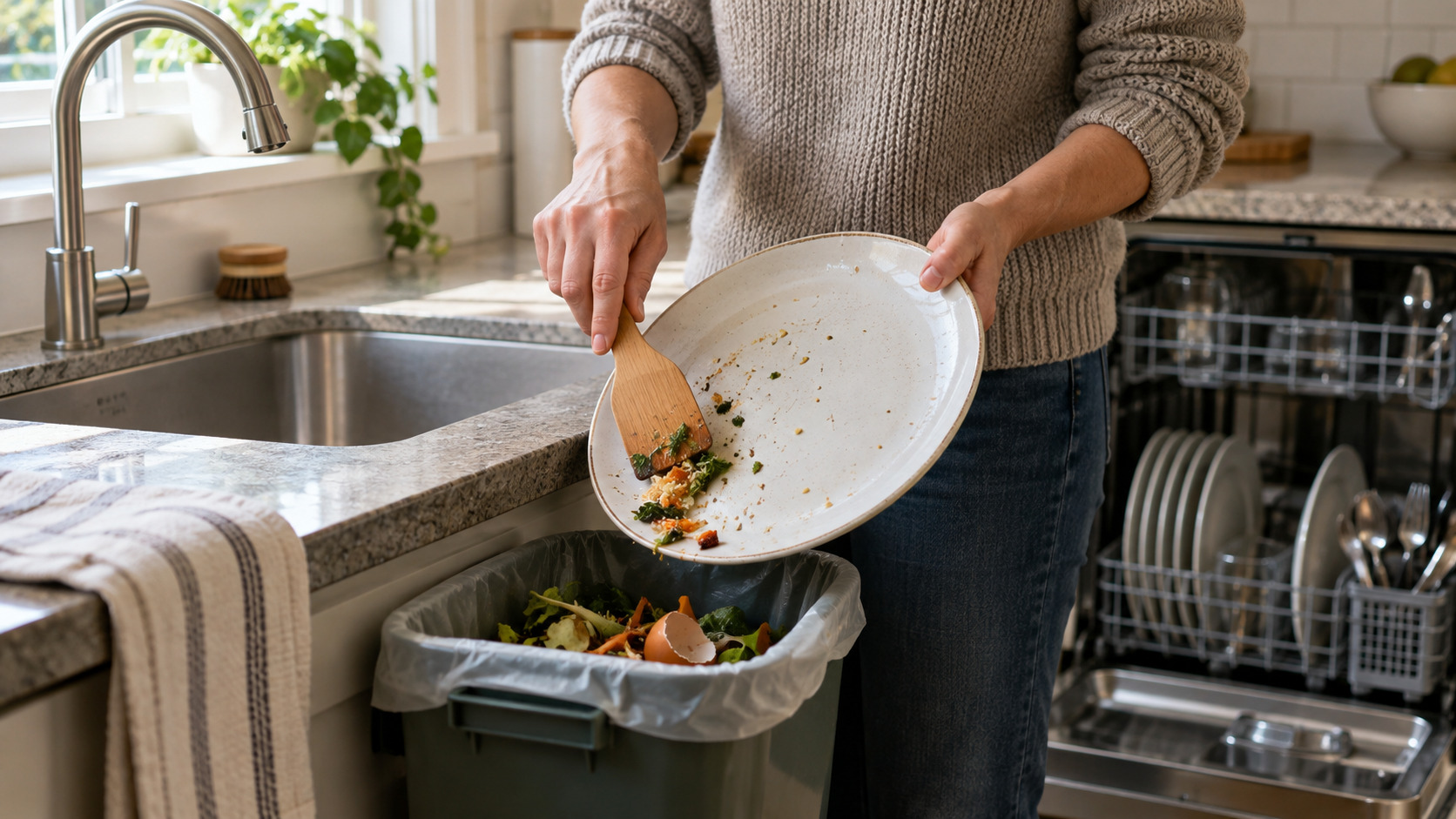 Person scraping loose dinner scraps from a plate into a kitchen waste bin beside a faucet that is turned off.