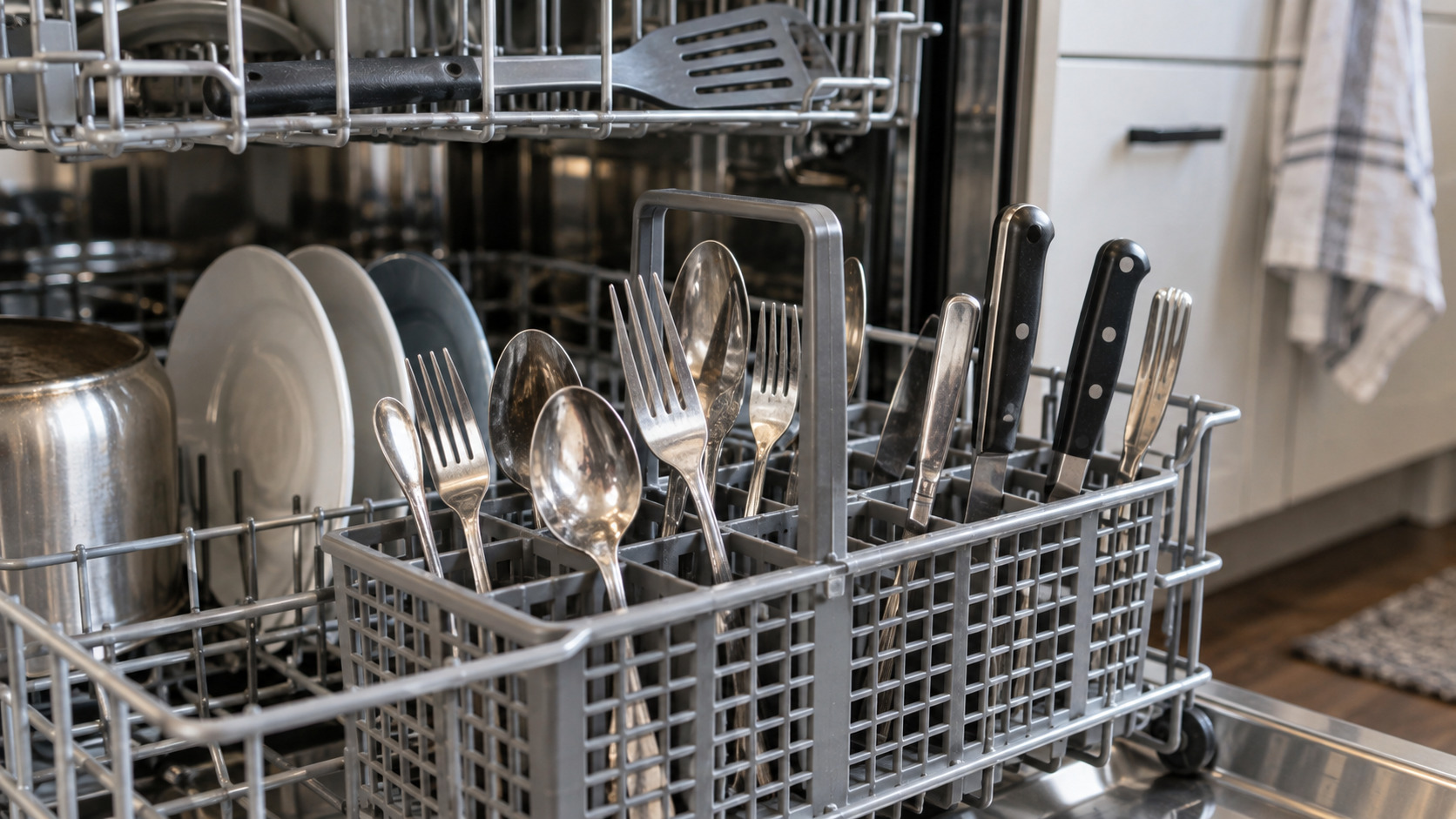 Dishwasher silverware basket with separated forks and spoons and kitchen knives loaded with their handles up.