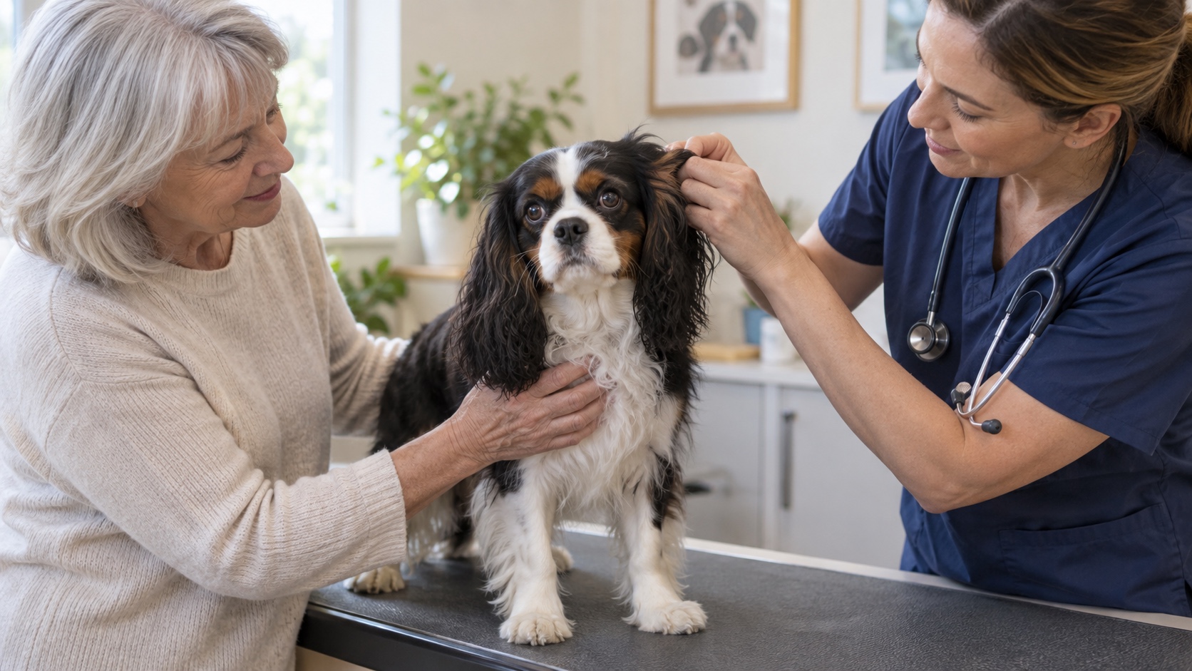 Veterinarian examining a tricolor Cavalier King Charles Spaniel's ear while its older owner provides calm support.