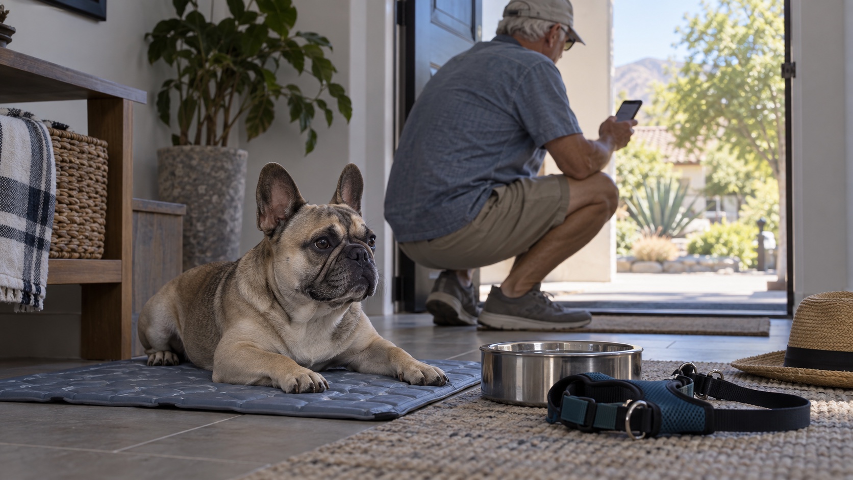 French Bulldog resting on a cooling mat while an older owner checks conditions before a hot-weather walk.