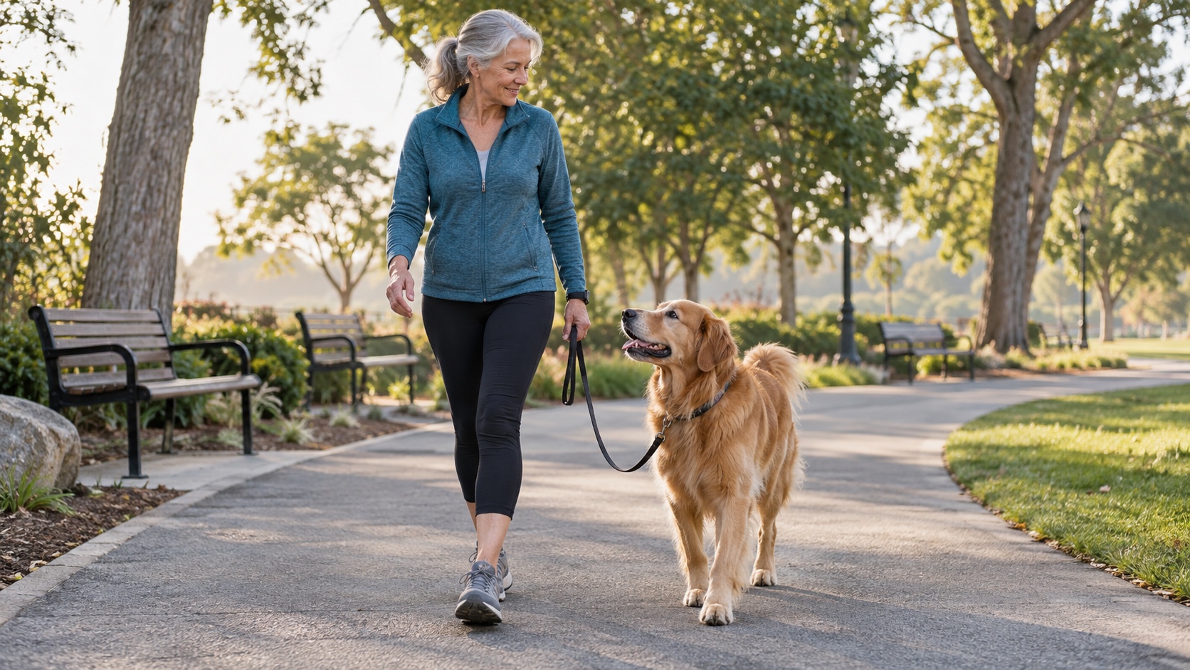 Fit older adult practicing a relaxed loose-leash walk with an adult Golden Retriever on a level park path.