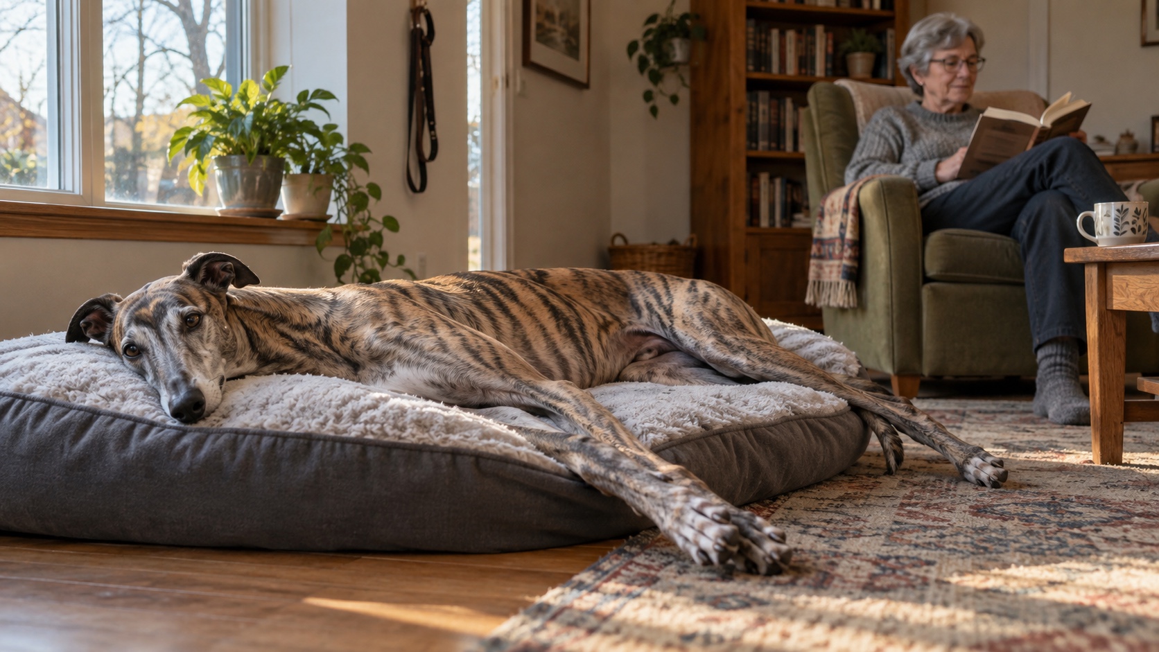 Brindle Greyhound stretched across a large dog bed while an older owner reads in a quiet sunlit living room.