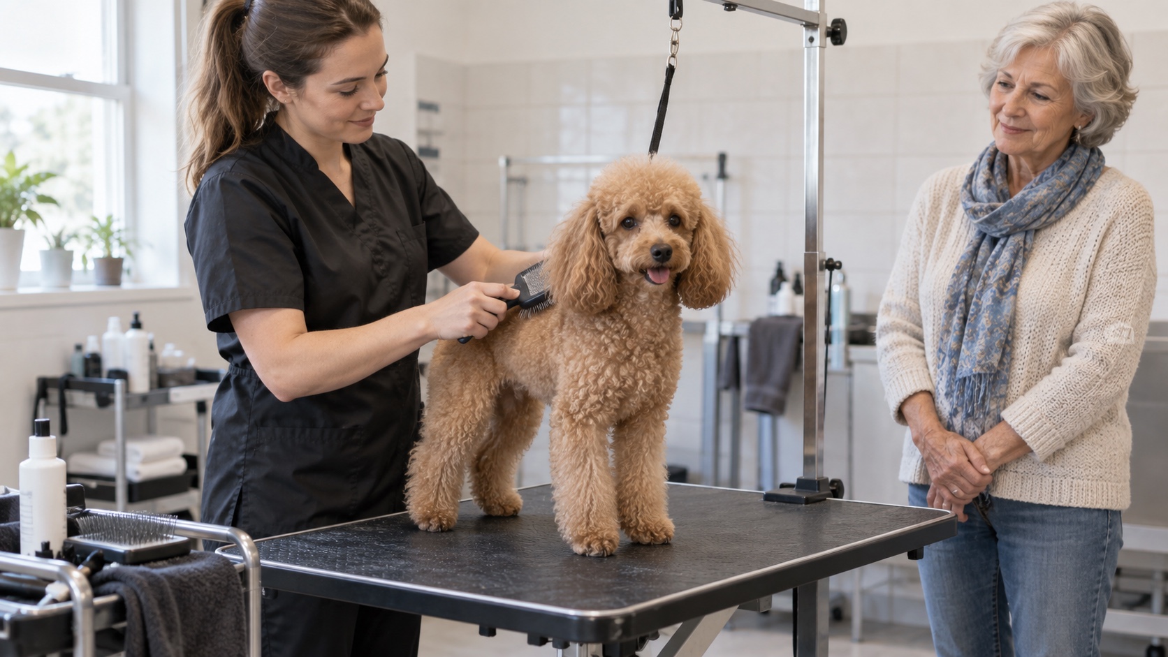 Miniature Poodle standing calmly on a grooming table while a groomer brushes its coat and an older owner observes.