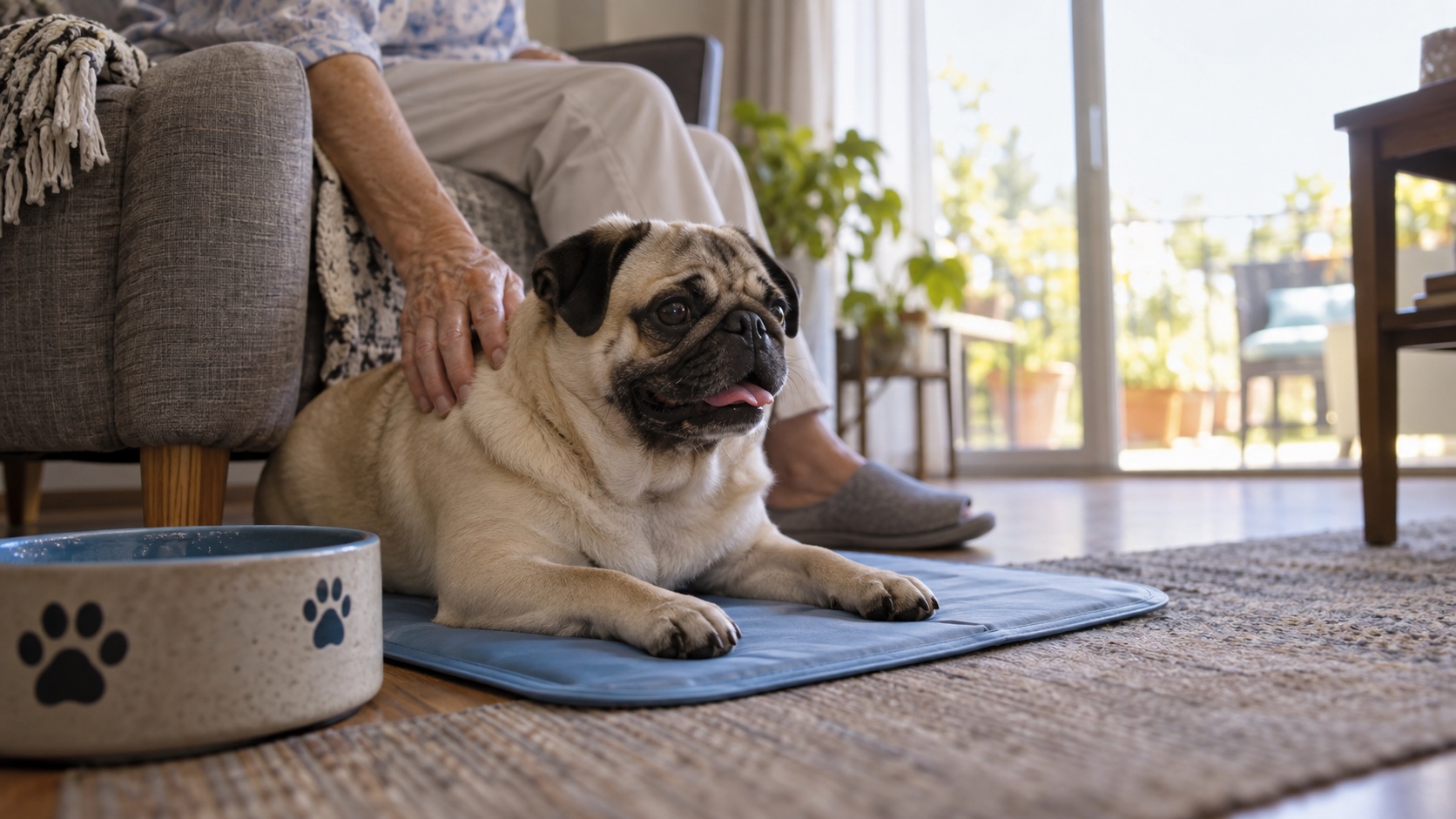 Fawn Pug resting on a cooling mat beside an older owner's chair in a shaded apartment living room.