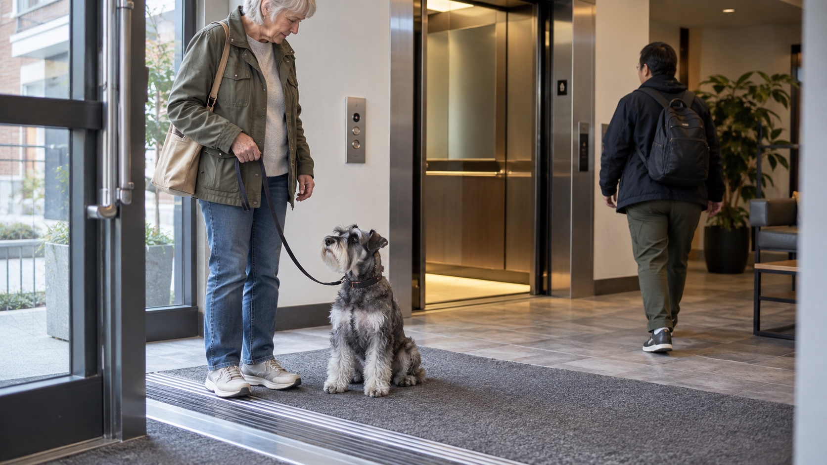 Miniature Schnauzer sitting on a loose leash beside an older owner at a clear apartment-building entrance.