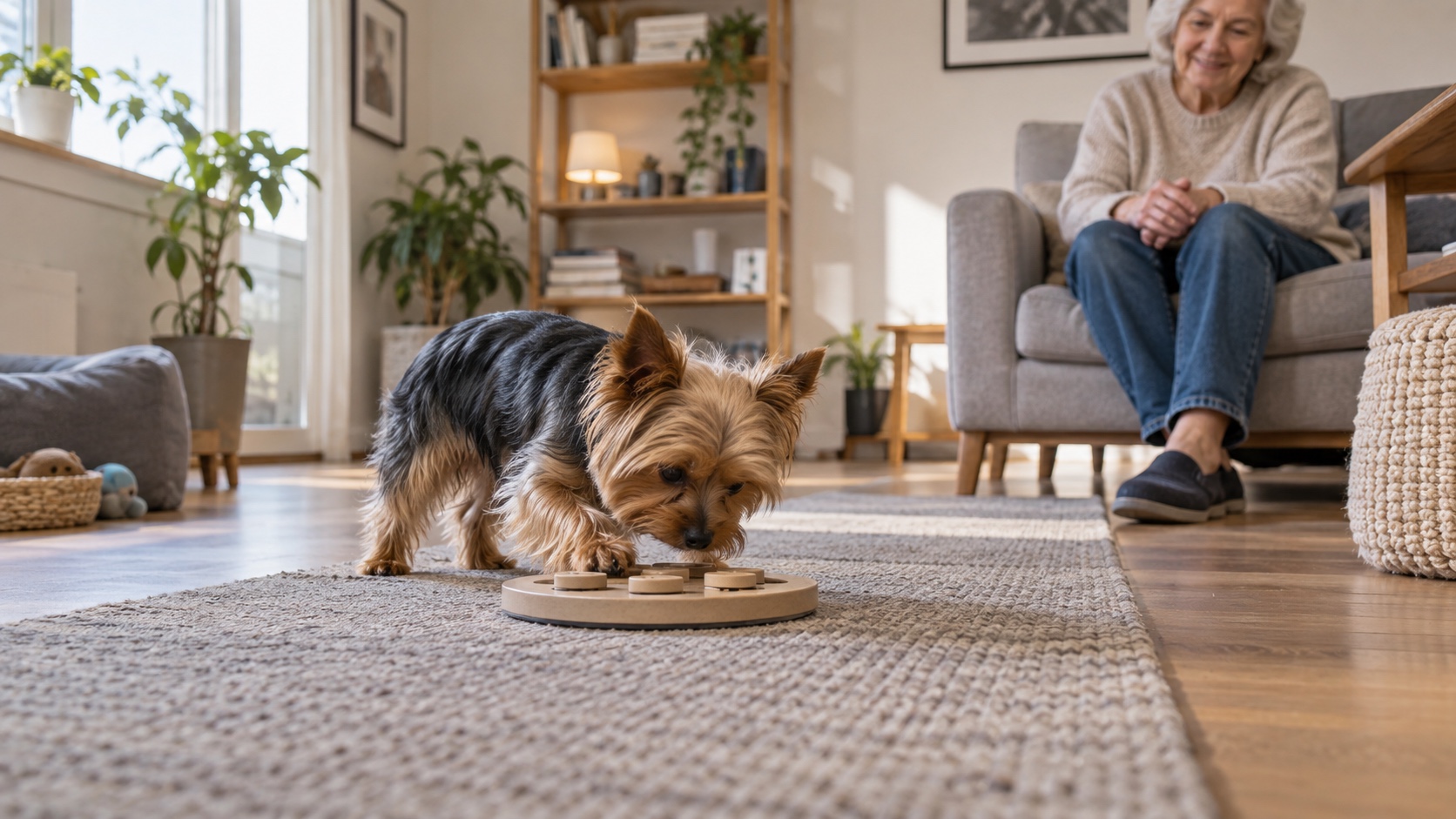 Yorkshire Terrier using a simple food puzzle on a nonslip runner while an older owner watches from a nearby chair.
