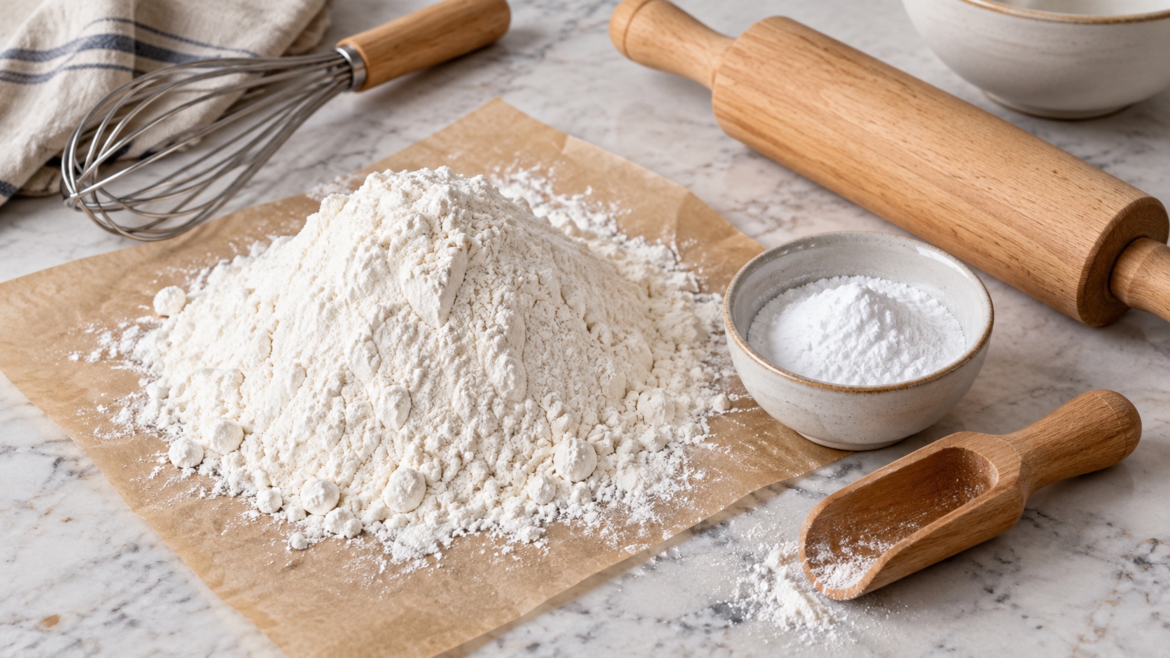 Flour, baking soda, wooden scoop, rolling pin, and whisk arranged on a pale kitchen counter.