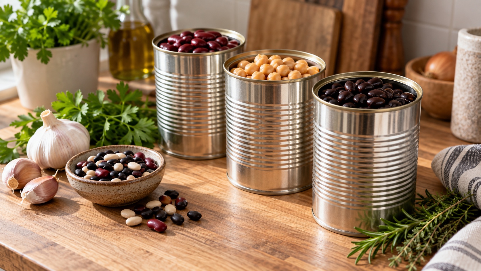 Unlabeled cans of black beans, chickpeas, and kidney beans beside dried beans and herbs.