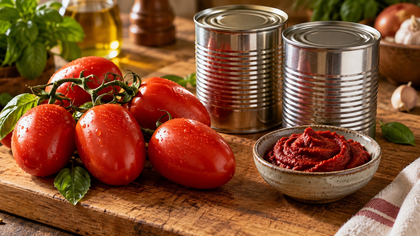Fresh plum tomatoes, two intact unbranded cans, and a bowl of tomato paste on a cutting board.