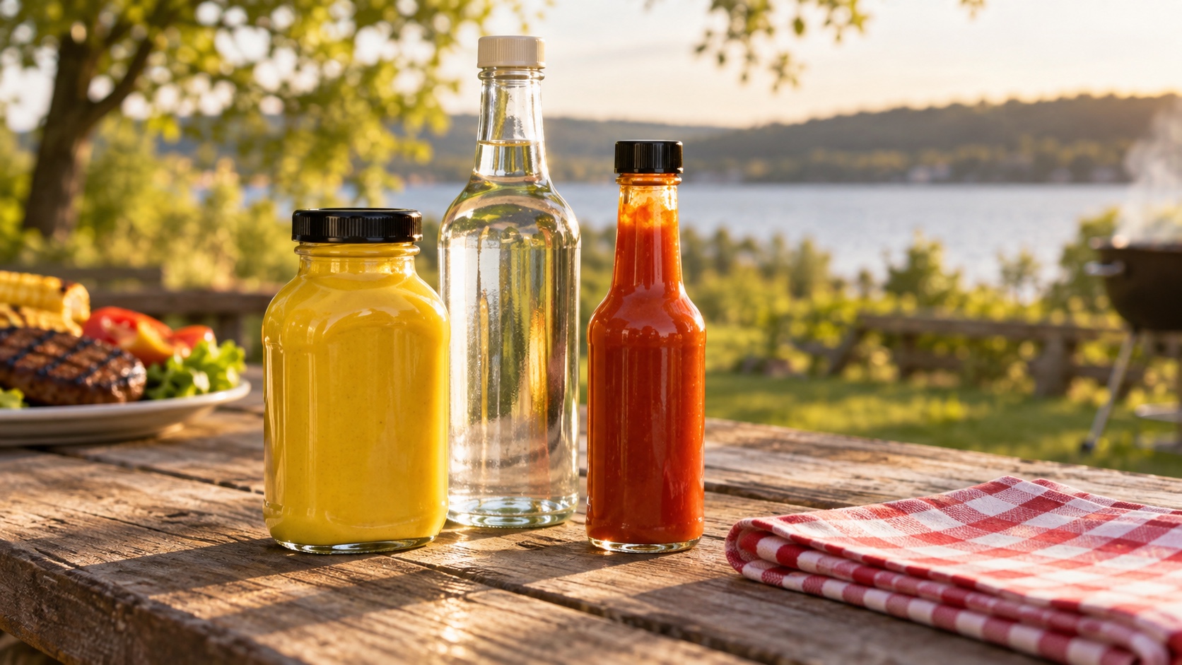 Plain glass bottles of yellow mustard, white vinegar, and red hot sauce on a picnic table.