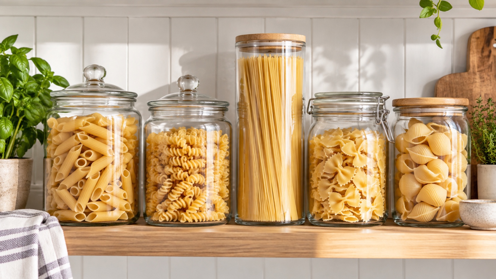 Clear pantry jars filled with spaghetti, penne, fusilli, farfalle, and shell pasta.
