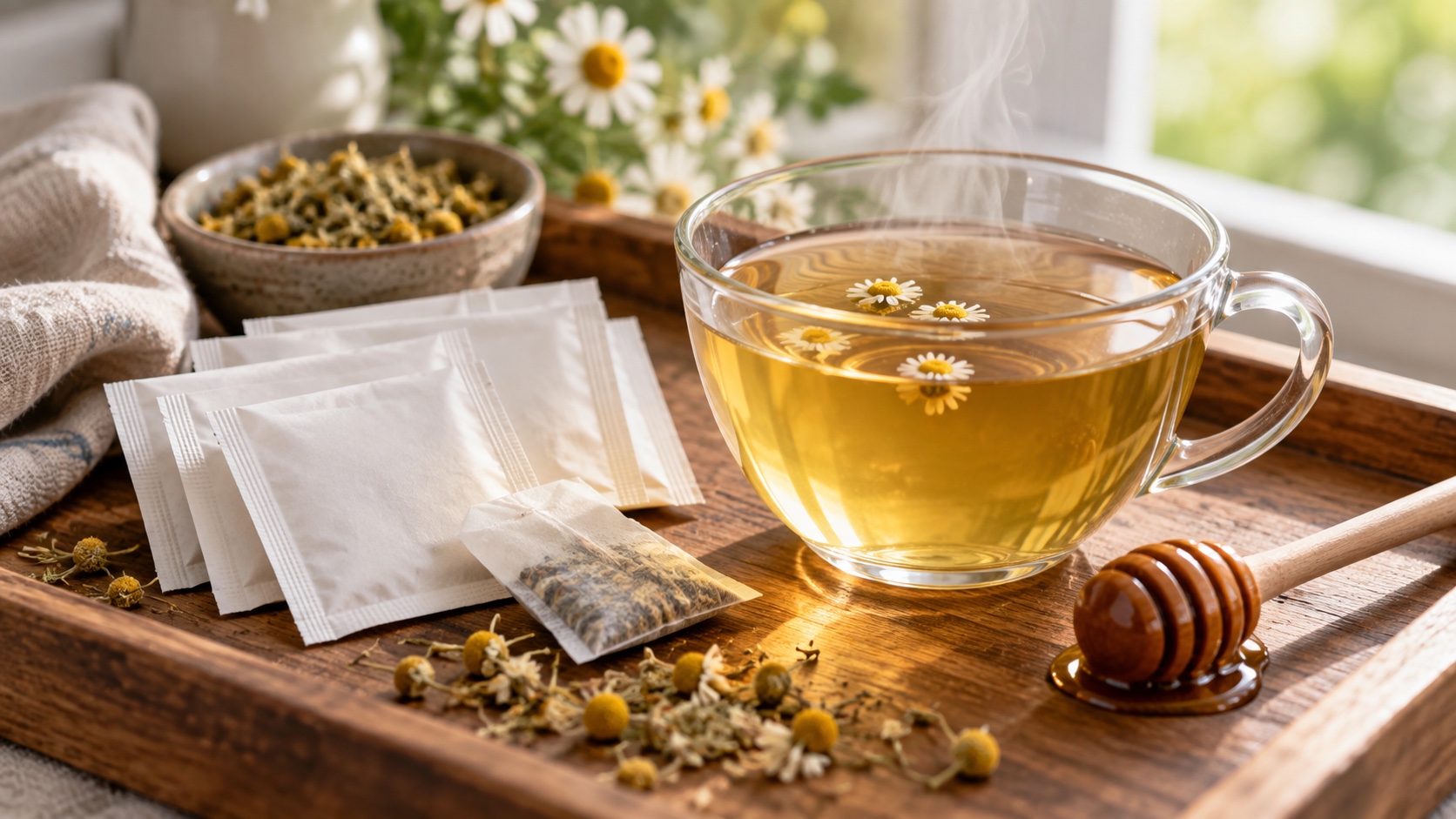 Clear cup of chamomile tea beside blank tea packets, loose flowers, and a honey dipper.