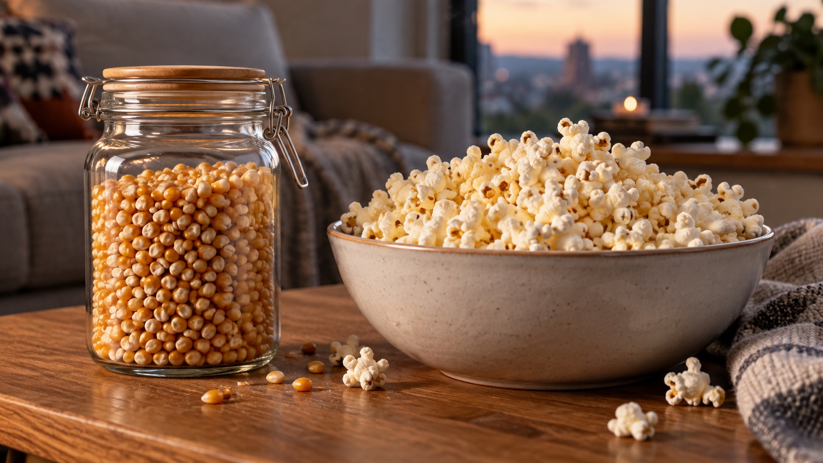 Glass jar of unpopped yellow kernels beside a large bowl of freshly popped popcorn.