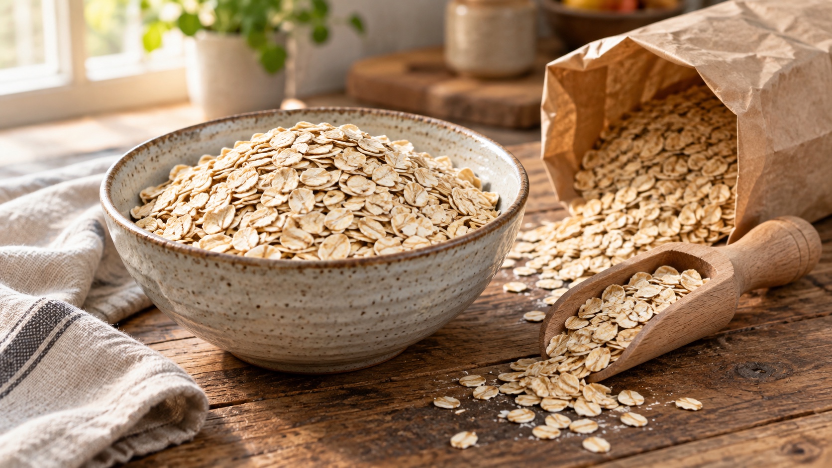 Plain rolled oats in a ceramic bowl beside an unmarked paper bag and wooden scoop.