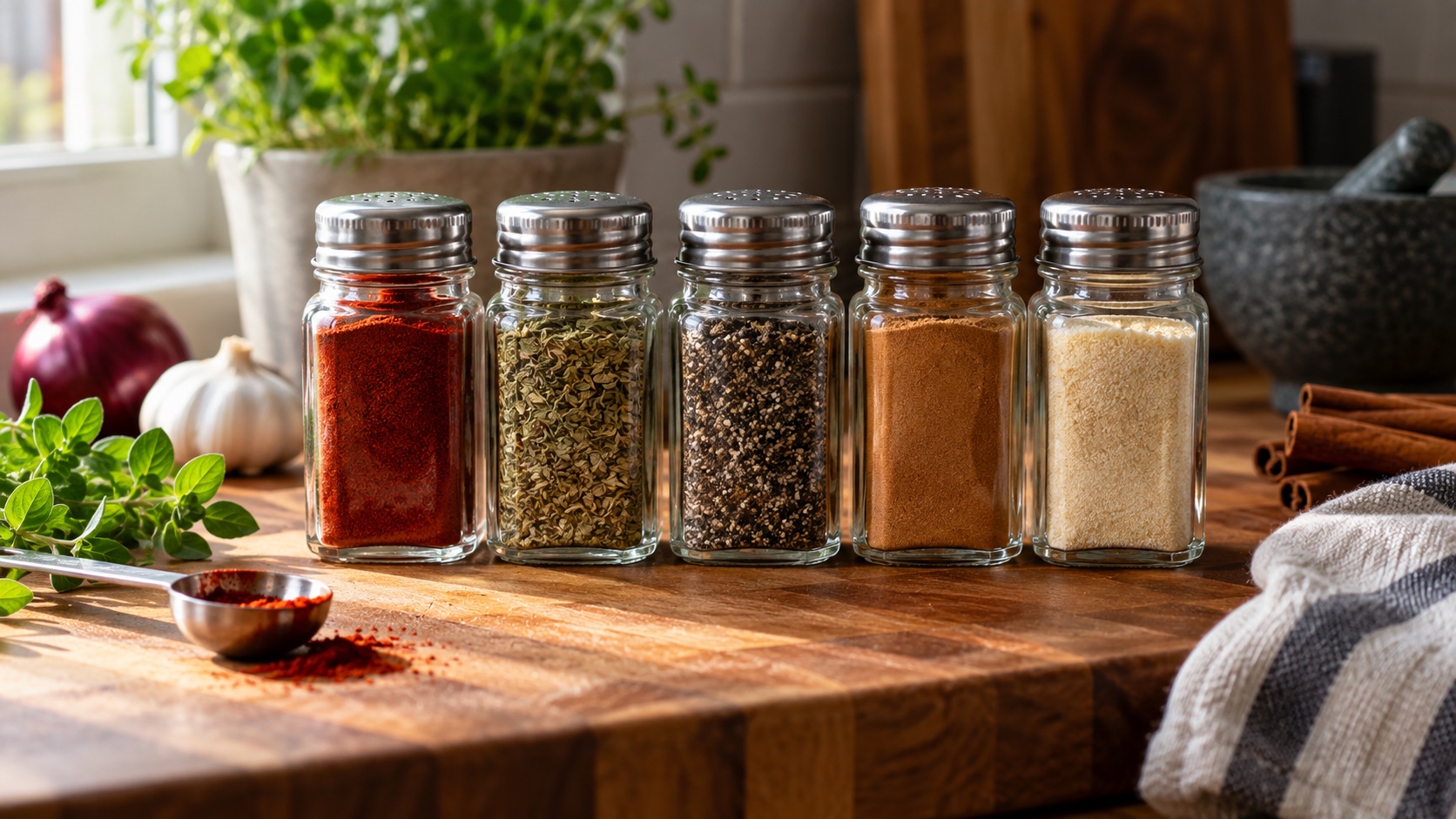 Five clear spice jars holding paprika, oregano, pepper, cinnamon, and onion powder on a wood counter.