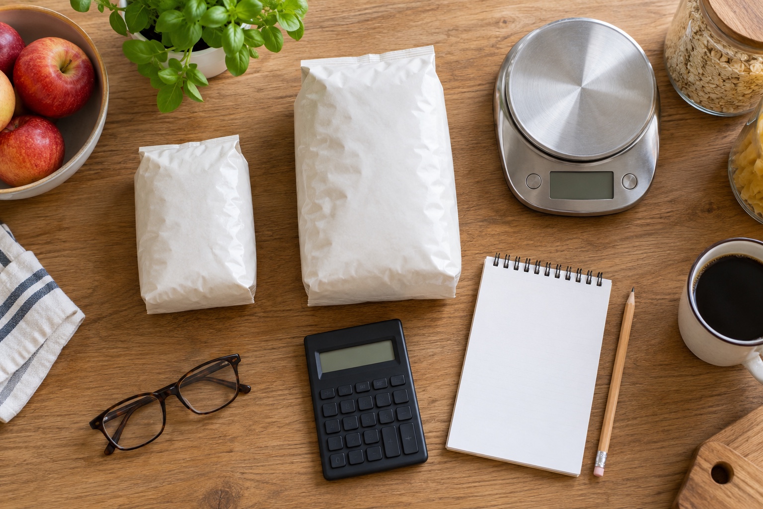 Blank grocery notepad, calculator, kitchen scale, and two different package sizes ready for comparison.