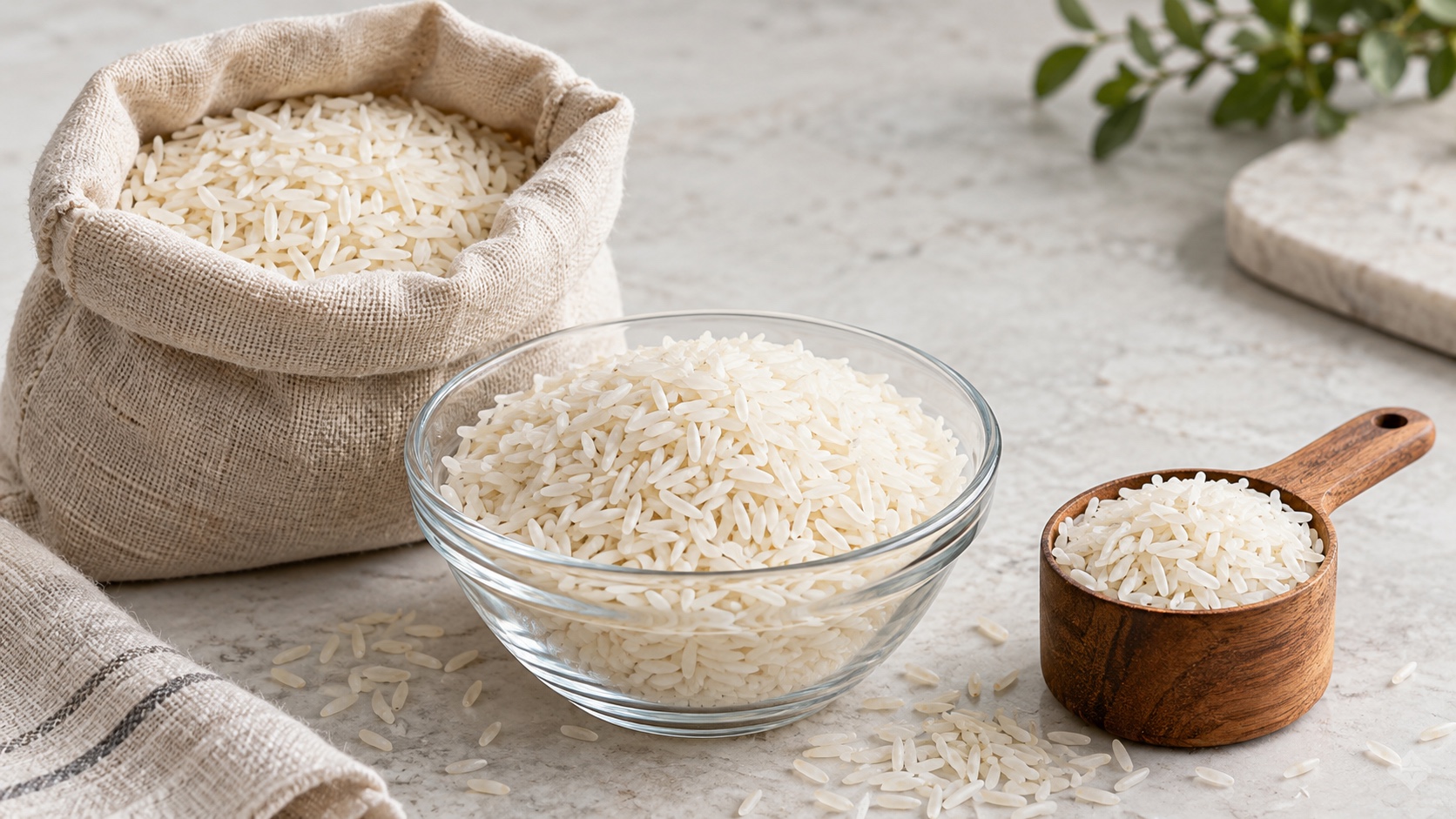 Uncooked long-grain white rice in a cloth sack, glass bowl, and wooden measuring cup.
