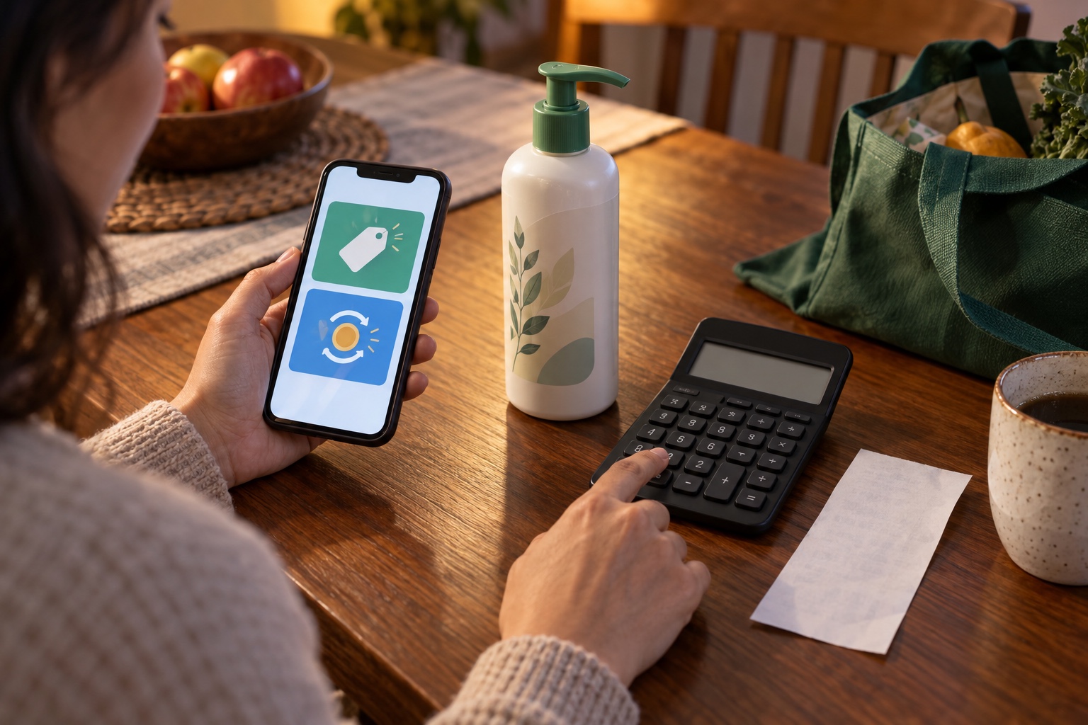 Phone with a generic cash-back offer beside a receipt and two alternative savings calculations.
