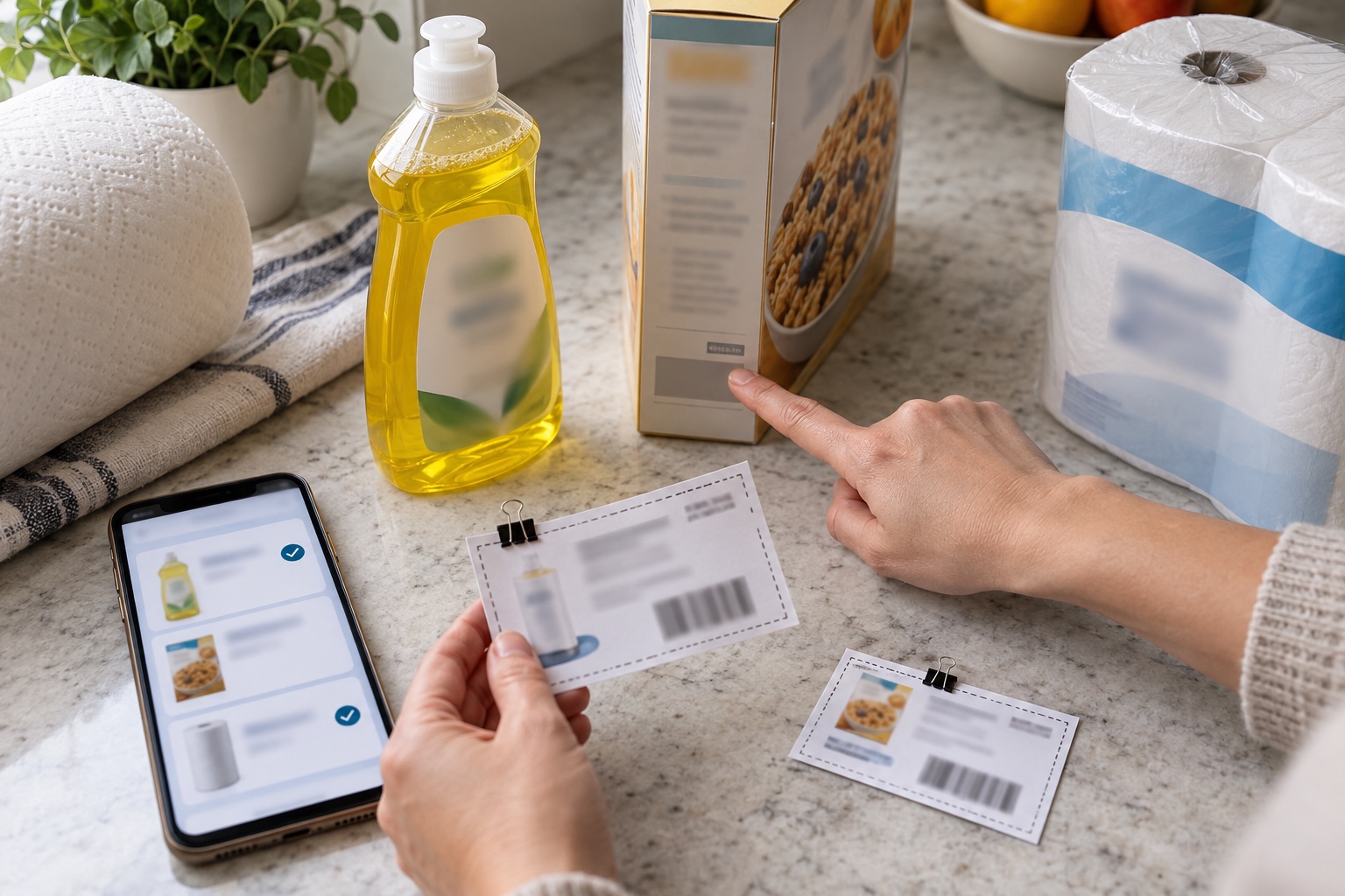 Paper and digital coupons being matched to exact unbranded package sizes before checkout.