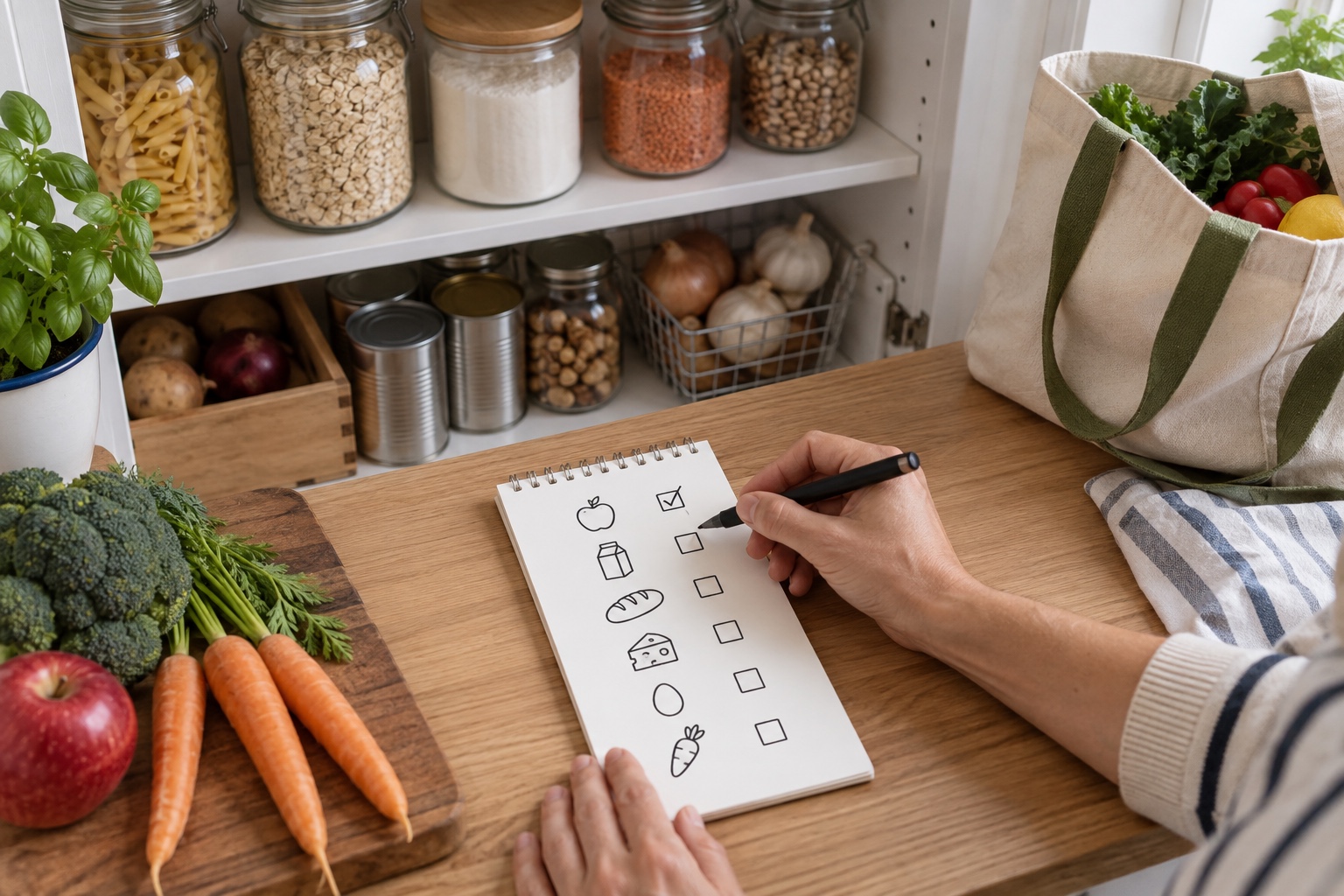 Compact shopping list beside an open pantry with quantities checked before a discount-store trip.