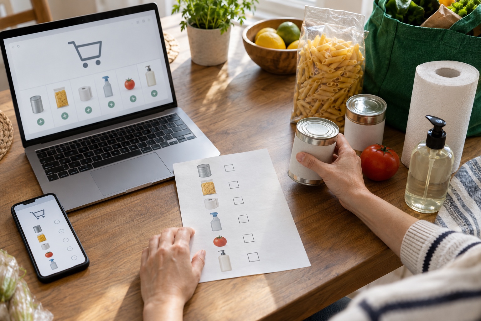 Hands reviewing an unbranded online discount-store cart beside a short handwritten household list.