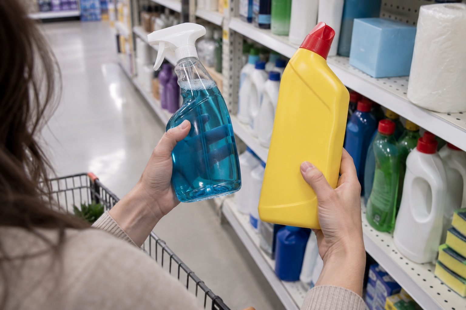 Two unbranded cleaning products with different sizes compared side by side on a simple store shelf.