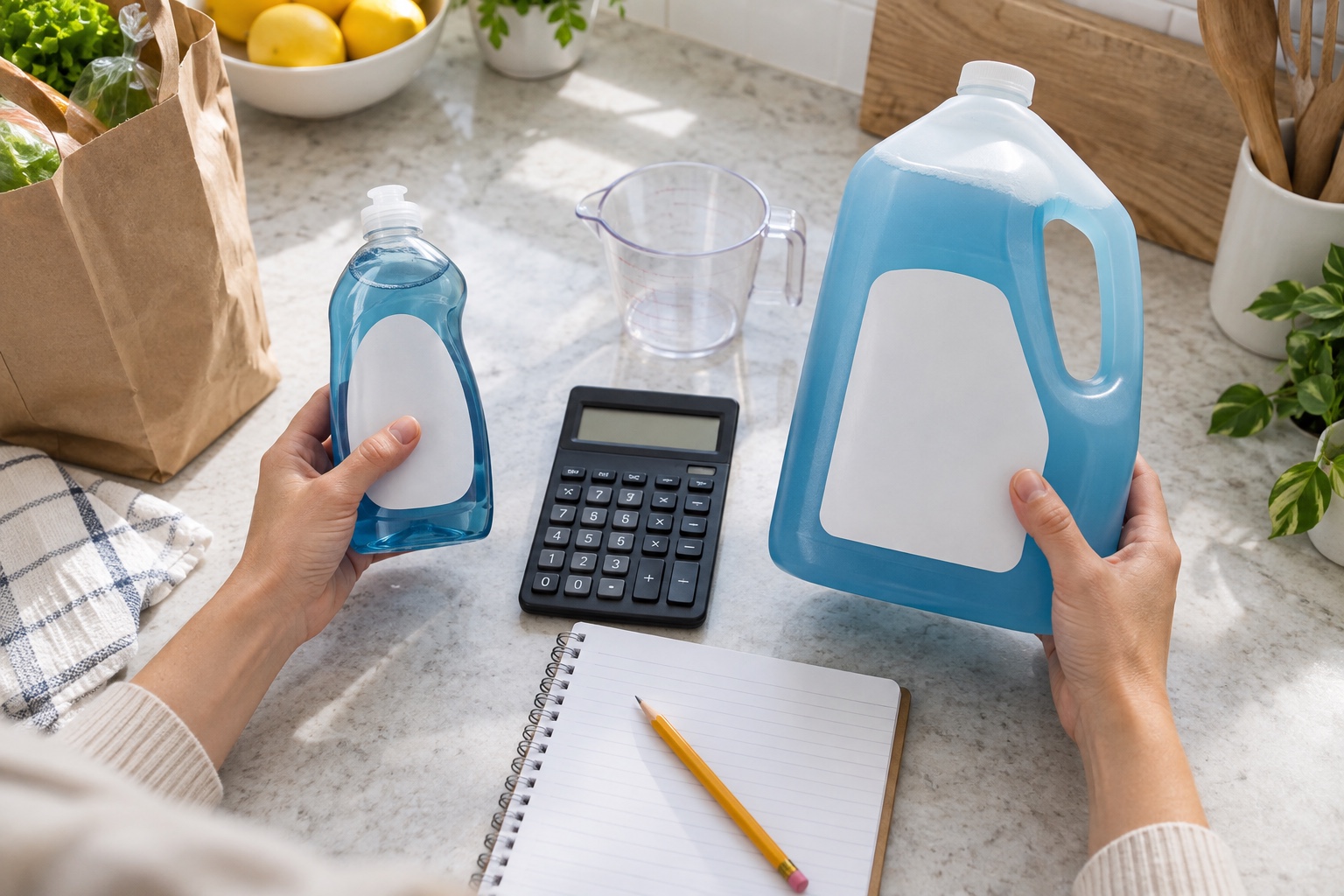 Calculator comparing price per ounce for two differently sized unbranded household products.