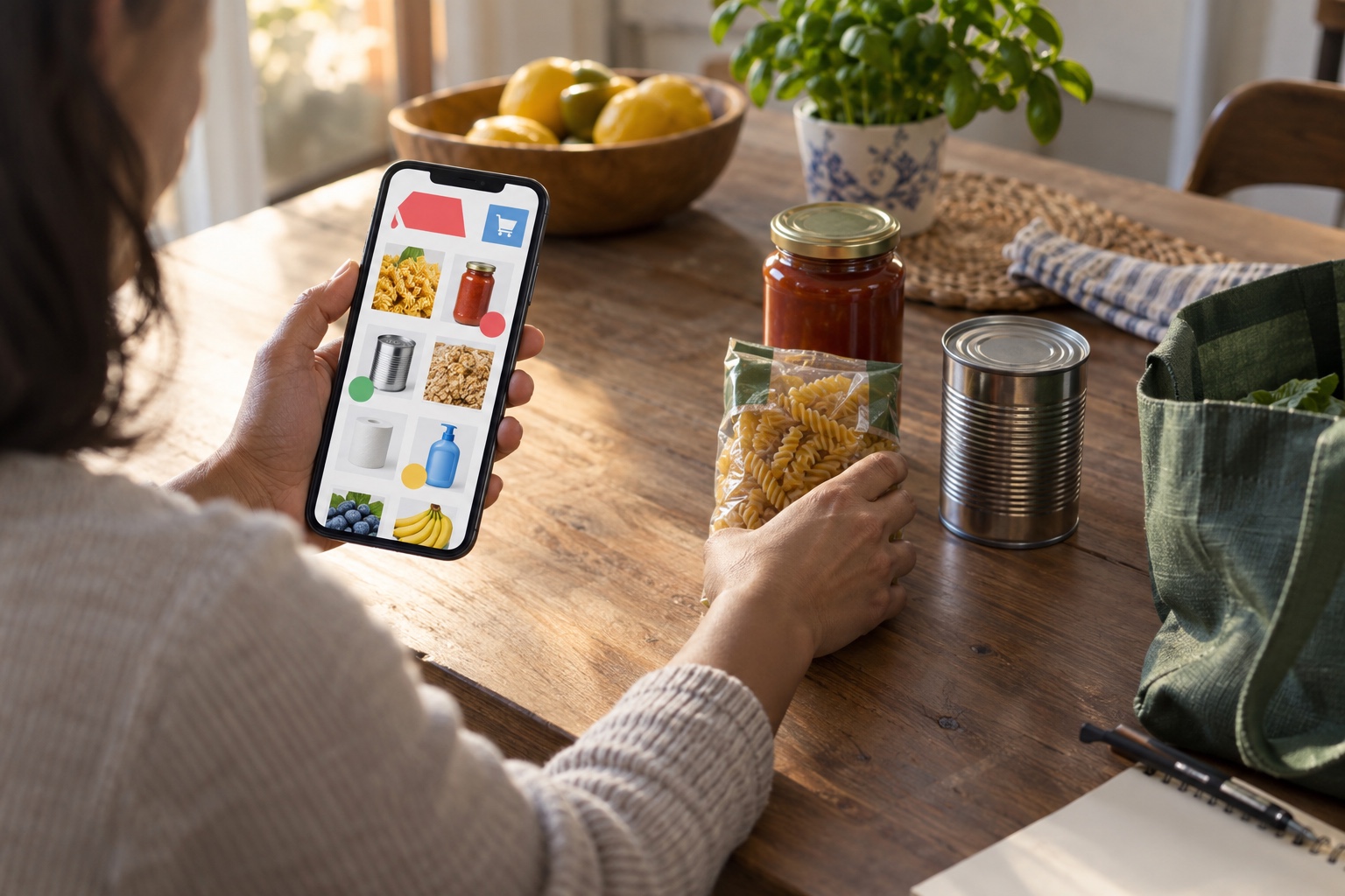 Shopper matching a phone's unbranded weekly deals screen to a compact pantry inventory on a kitchen table.