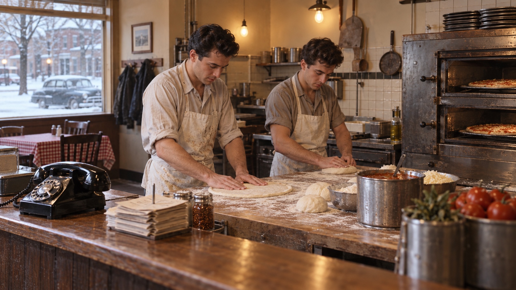 Two workers preparing dough in a modest 1960-era college-town pizzeria.