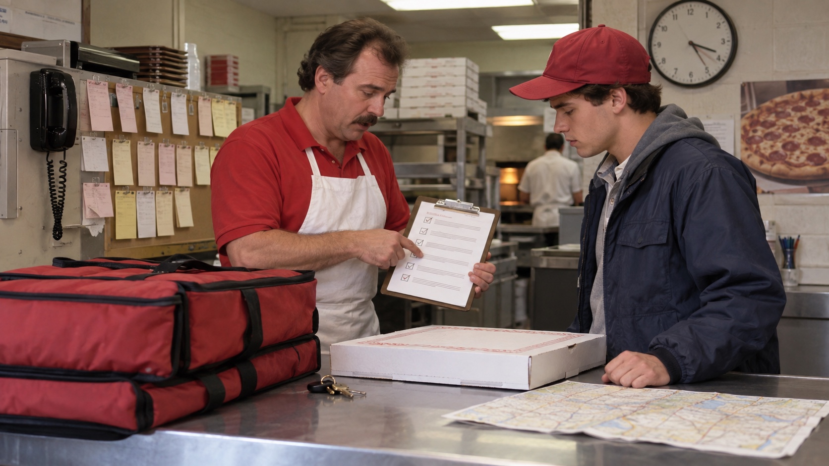 Early-1990s pizza manager reviewing a safety checklist with a delivery driver beside a wall clock.