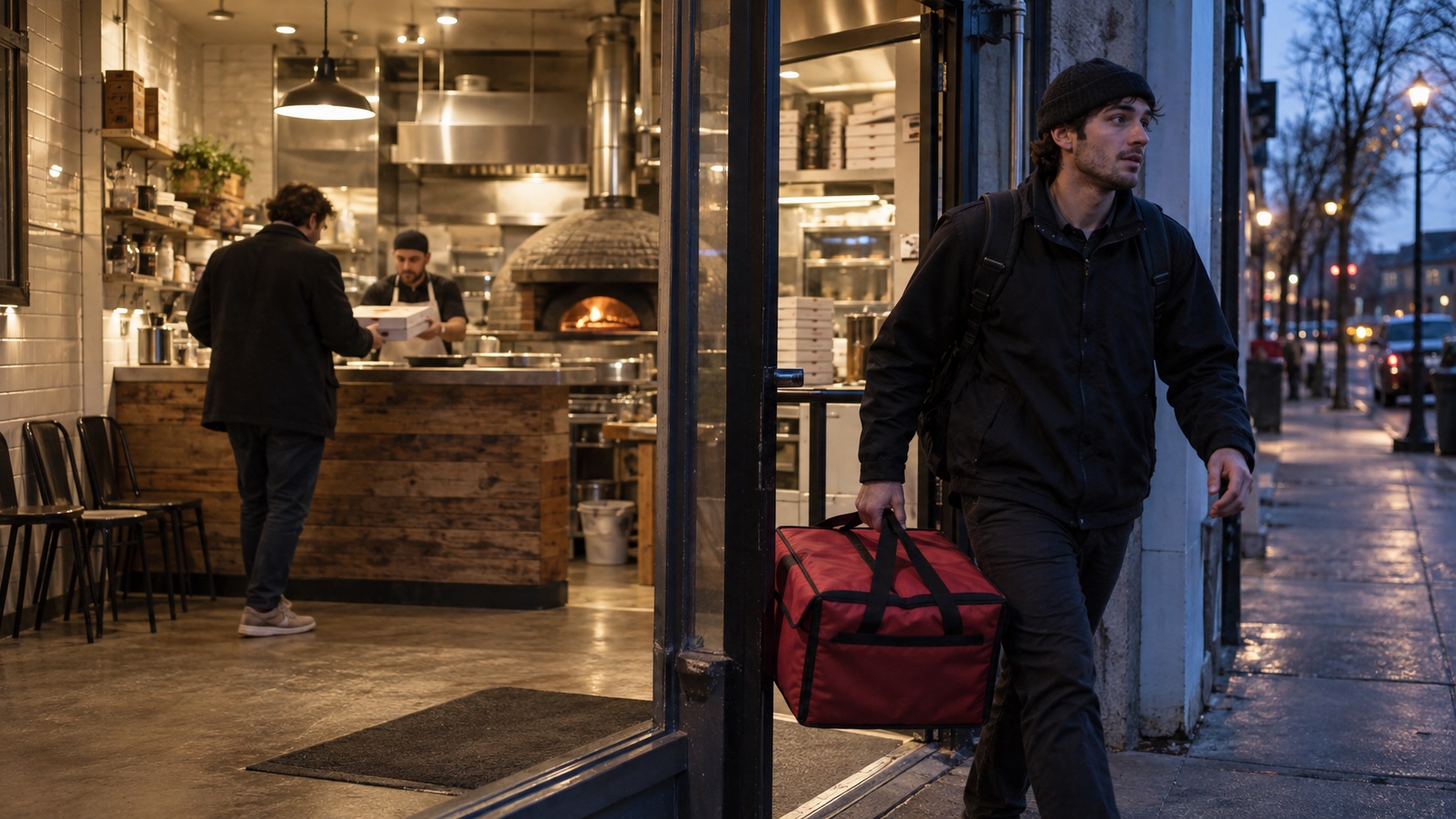 Courier leaving a compact unbranded pizzeria with an insulated bag at dusk.