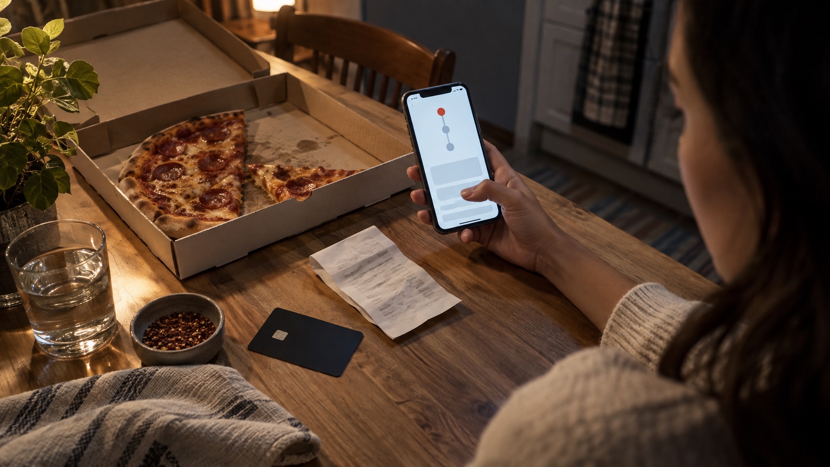 Customer reviewing a generic order-progress screen beside pizza, a receipt, and a payment card.