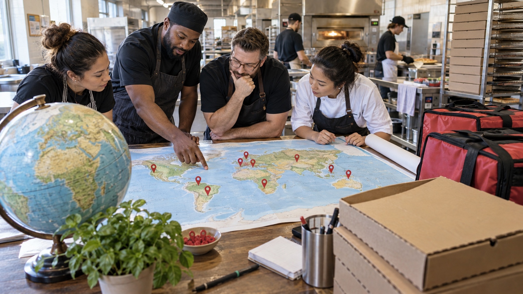 Pizza operations team studying an unlabeled world map beside plain delivery bags and boxes.