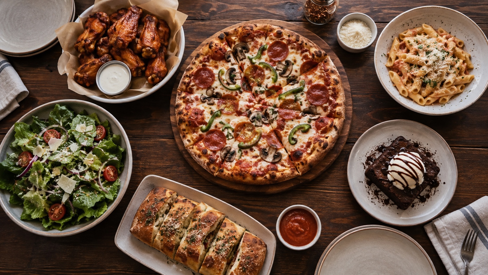 Overhead spread of pizza, chicken wings, pasta, salad, stuffed bread, and dessert.