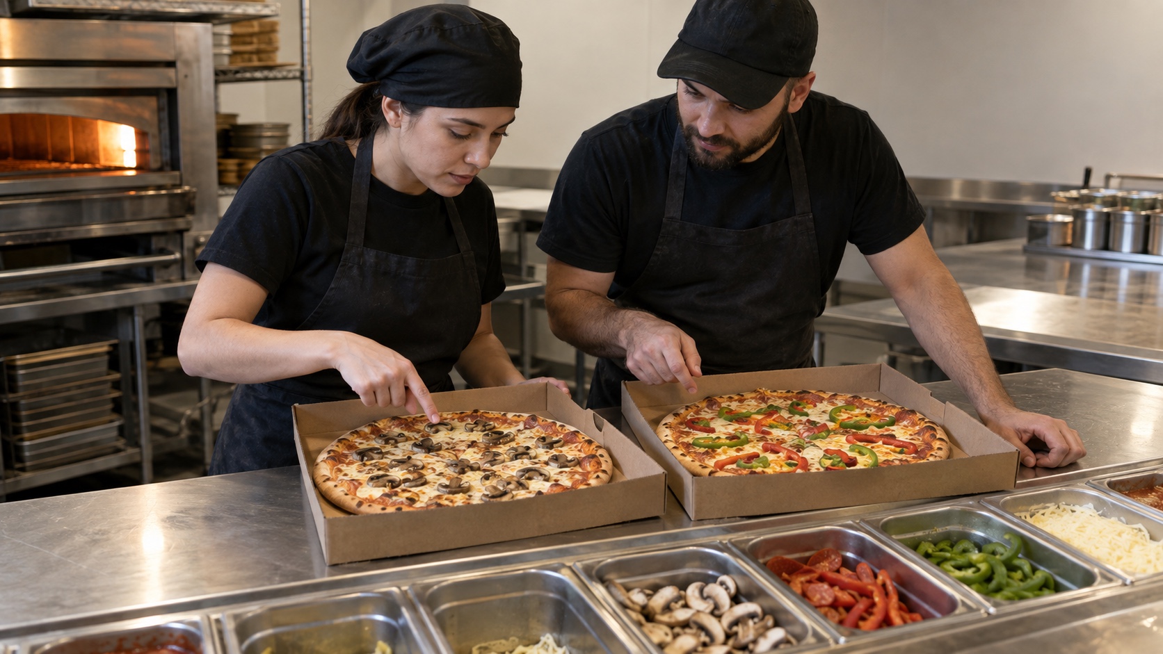 Two kitchen workers comparing mushrooms and peppers on finished pizzas before boxing them.
