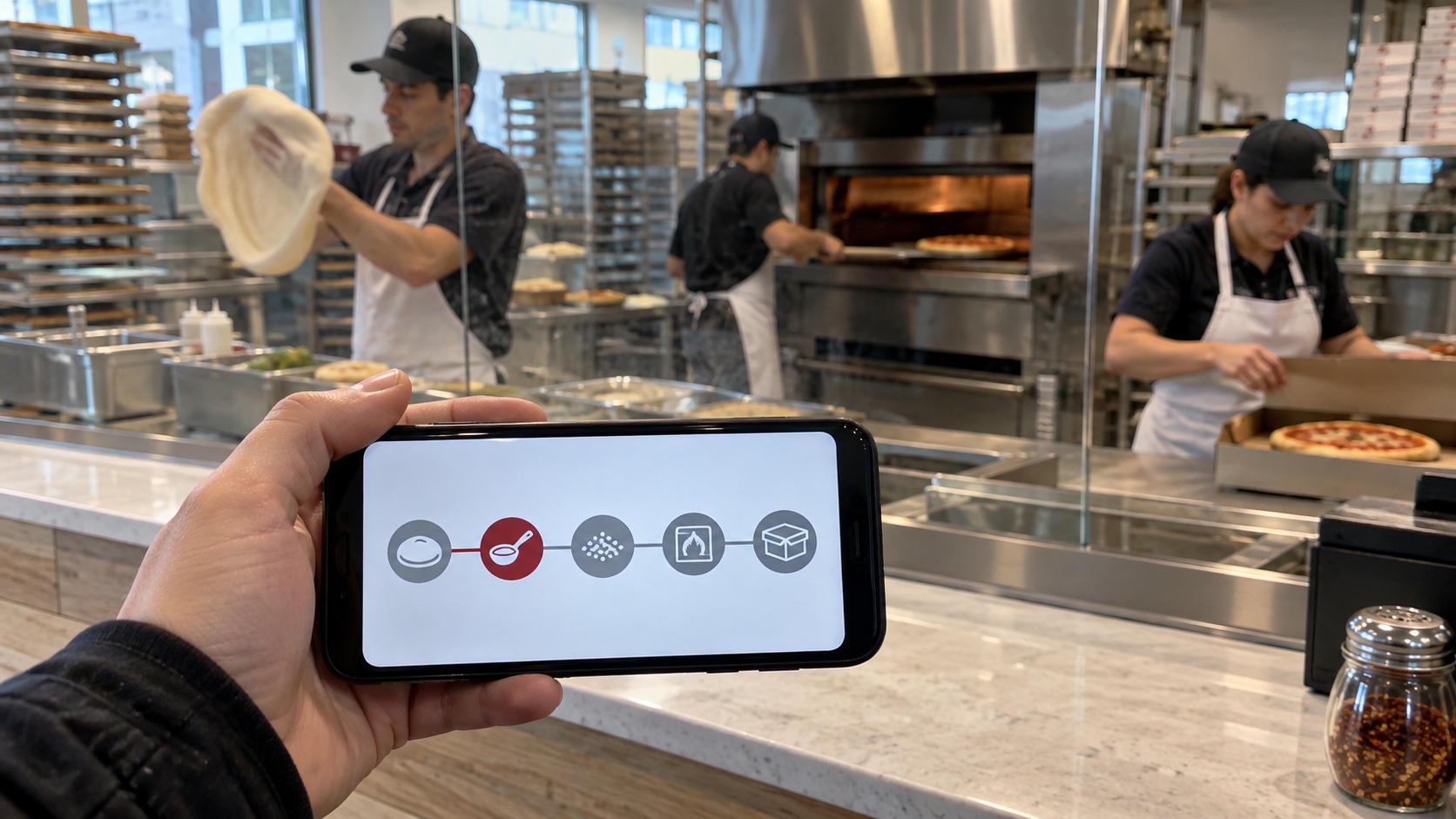 Customer holding a generic five-stage order display in front of an open pizza kitchen.
