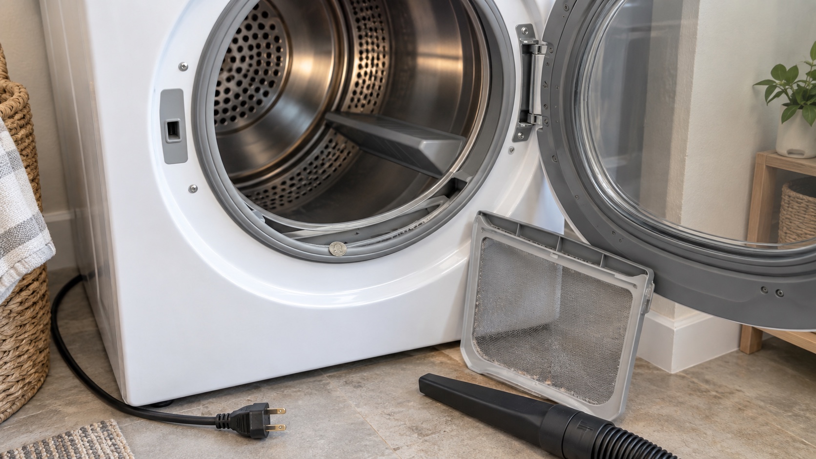 Unplugged front-loading dryer with its drum open, lint screen removed, and a vacuum crevice tool nearby.