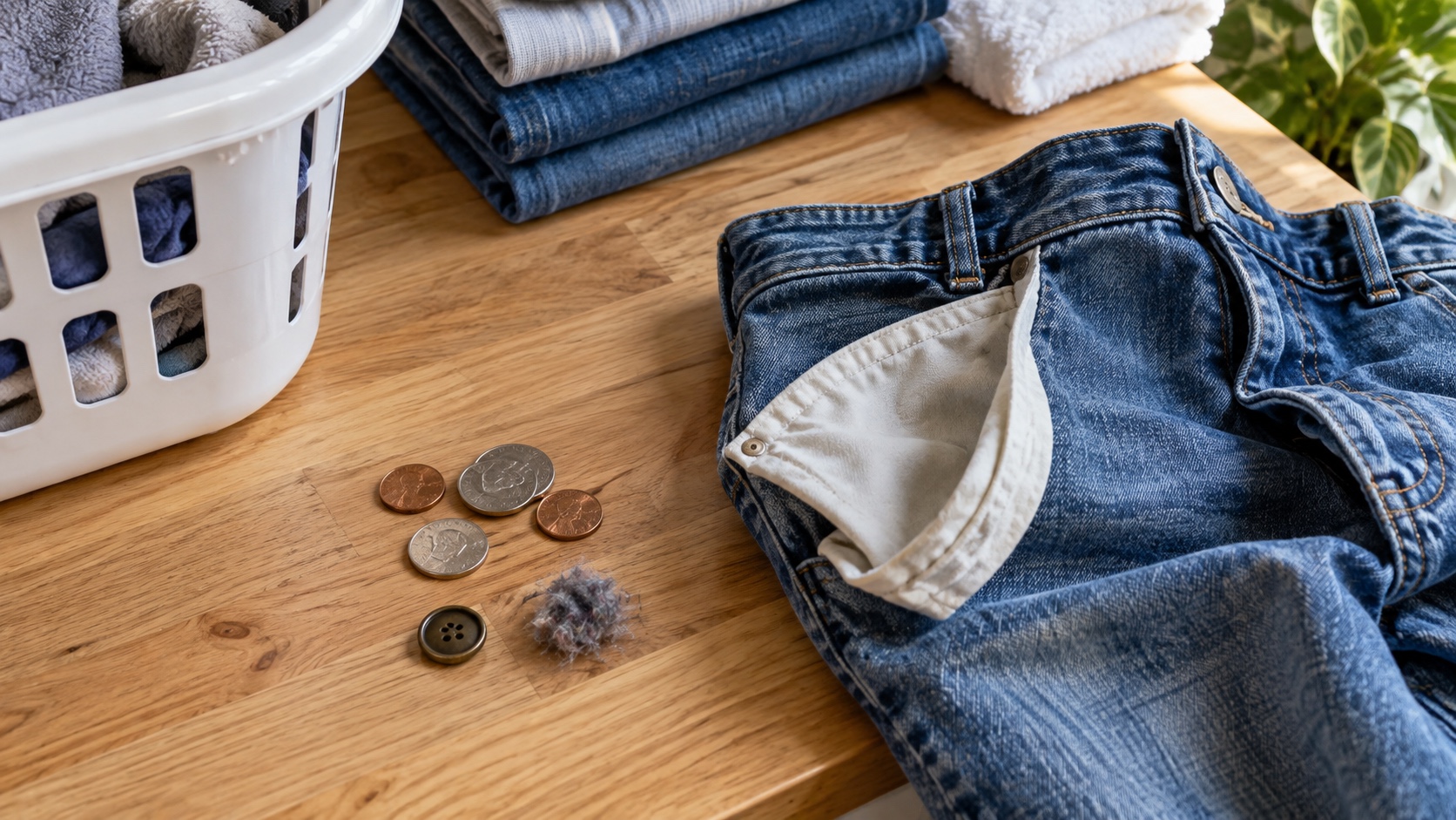 A few ordinary coins, a button, and lint beside jeans with an emptied pocket on a laundry counter.