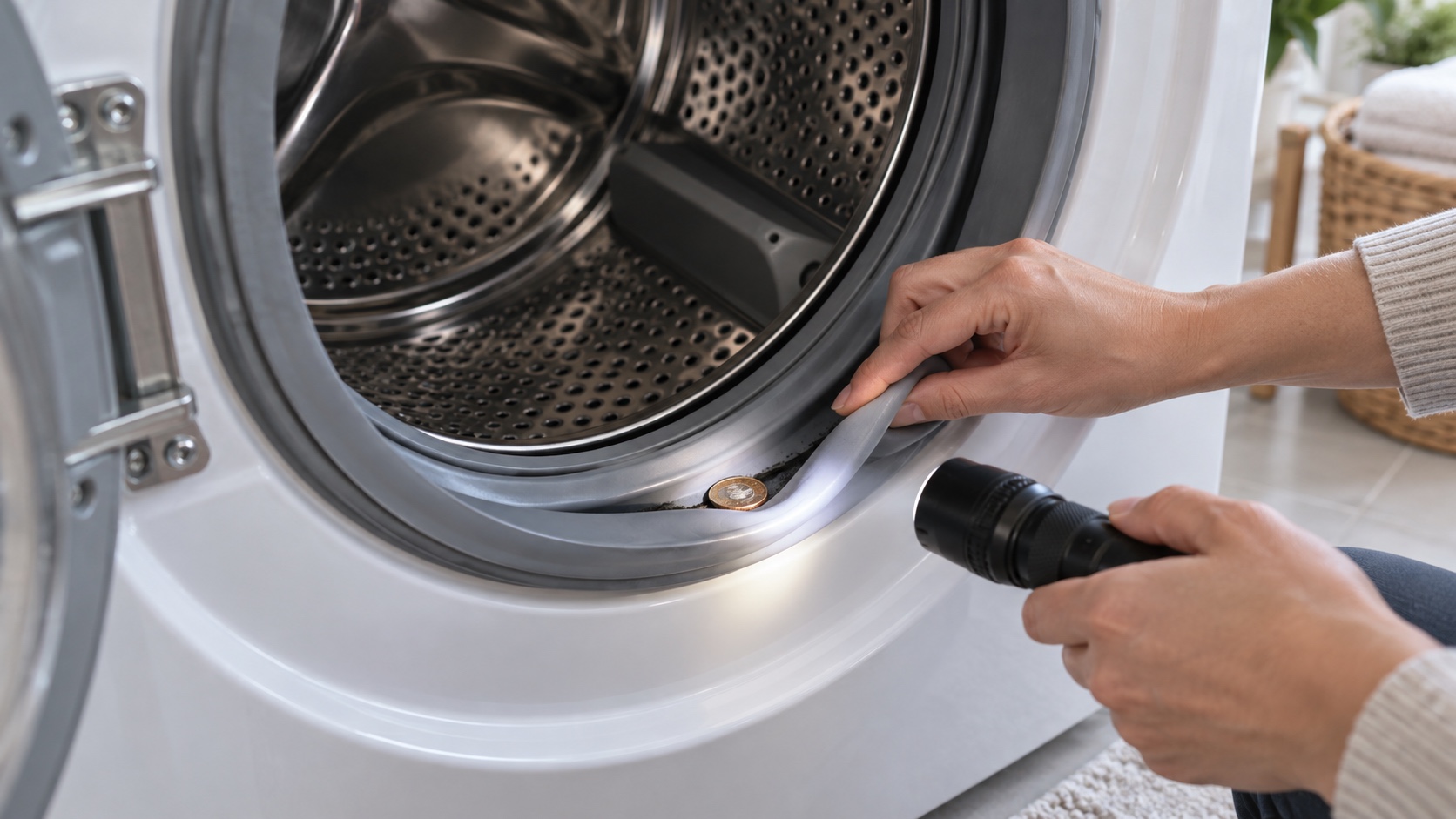 Person using a flashlight to spot one coin in the accessible door-gasket fold of a front-load washer.