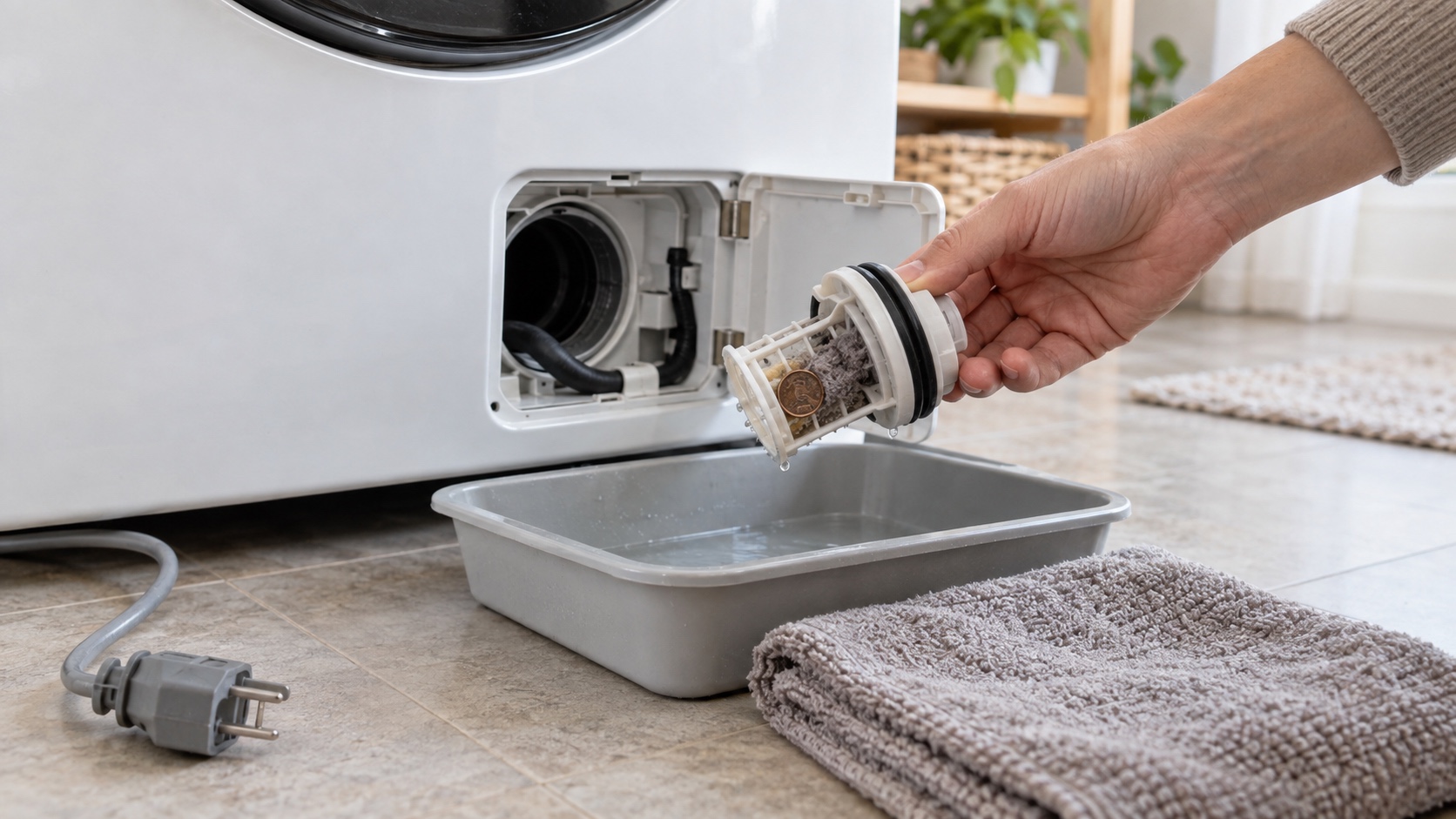 Unplugged front-load washer with a user-accessible pump filter held over a shallow pan and folded towel.