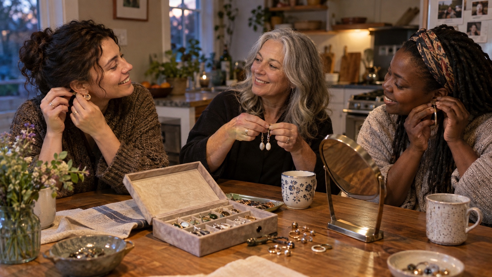 Three friends of different ages comparing hoops, drops, studs, and clip-on earrings around a kitchen table.