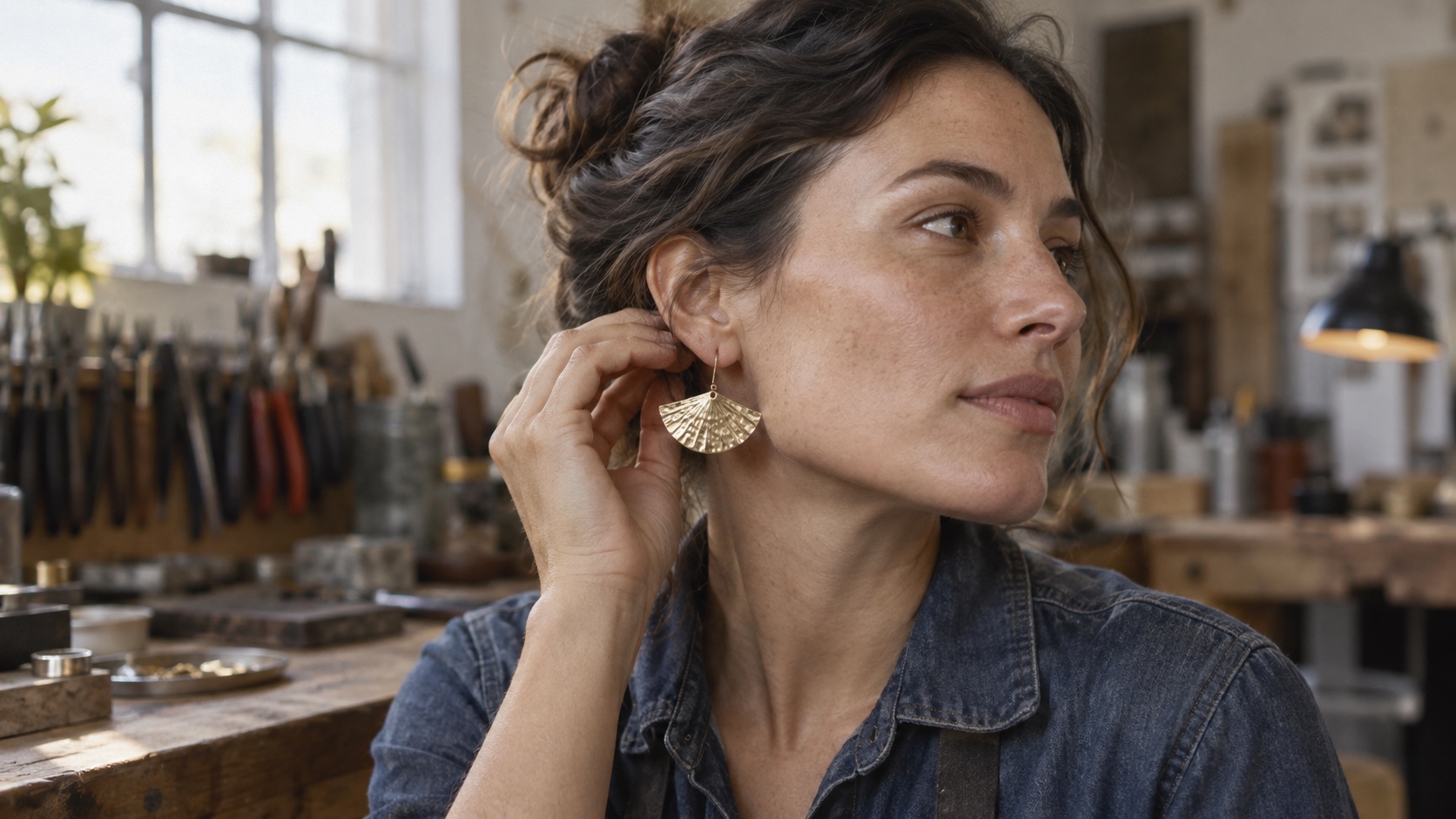 Person with prominent cheekbones trying a softly curved hammered-brass fan earring.