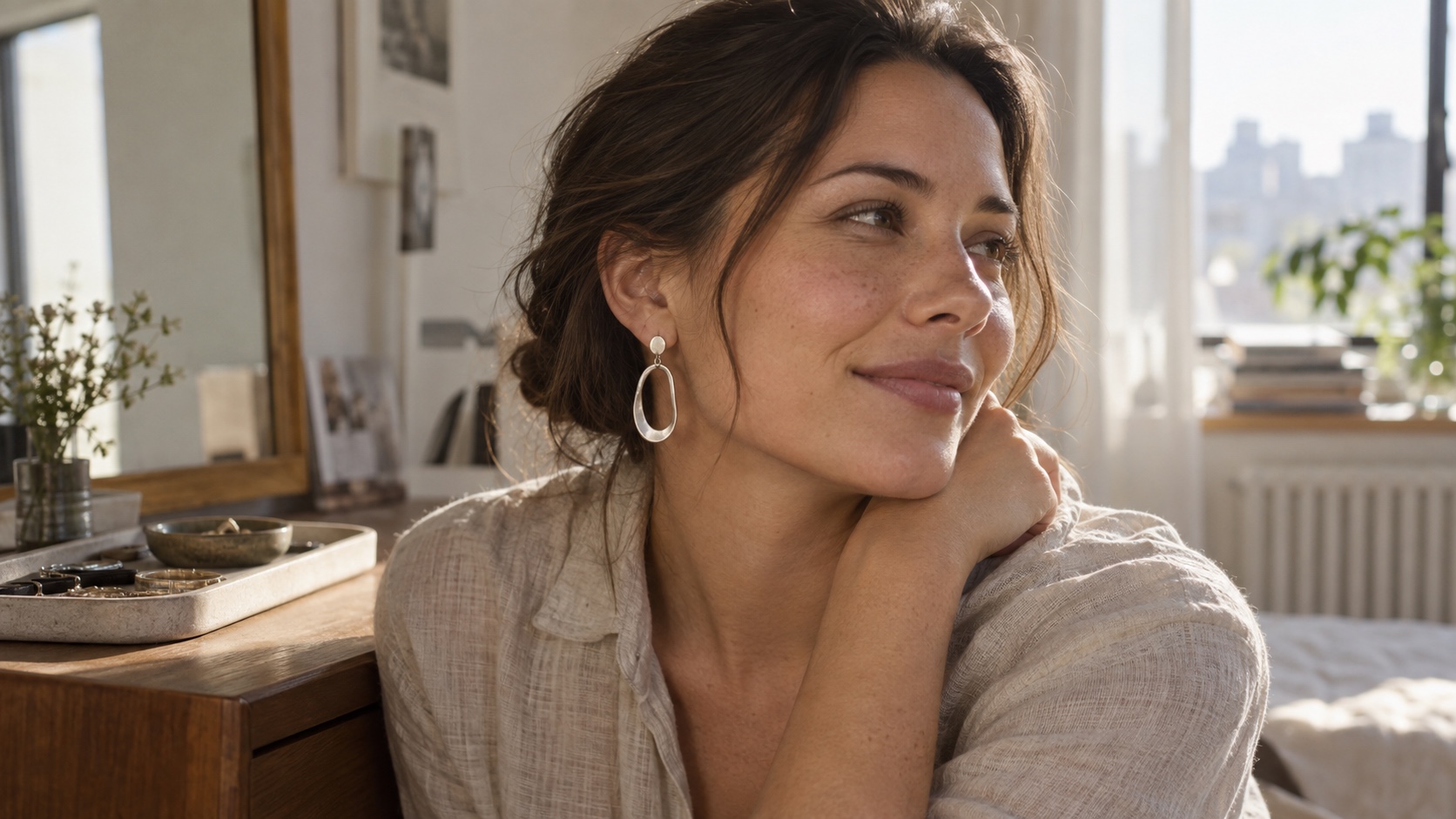 Person with softly balanced oval facial proportions wearing a medium sculptural drop earring.